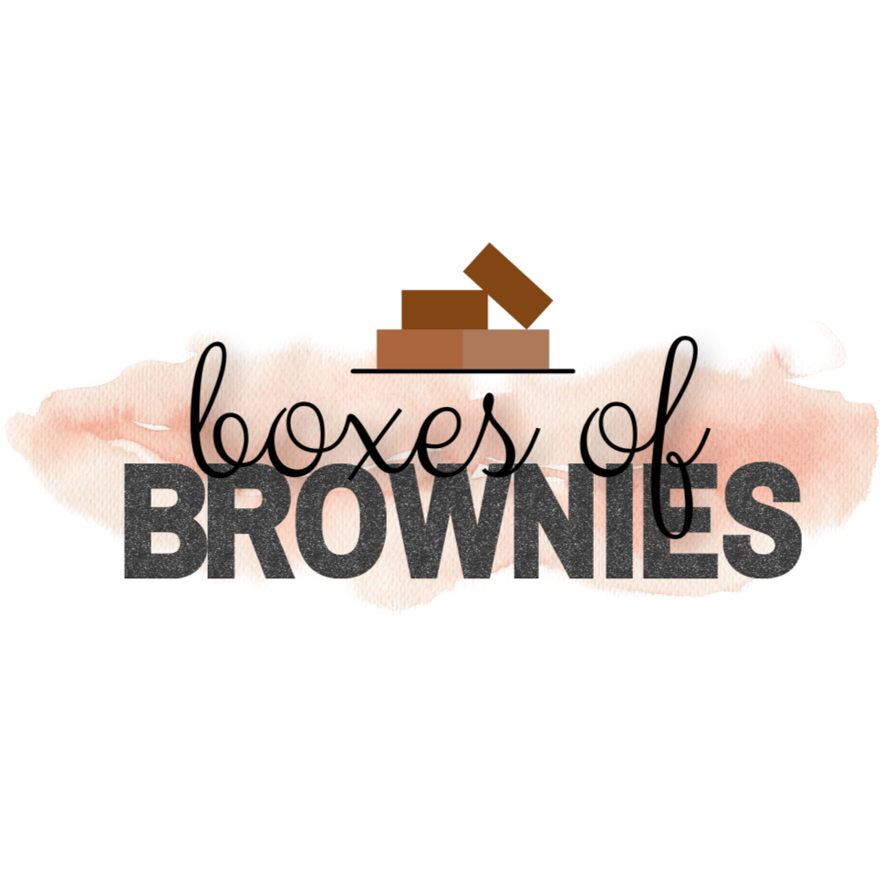 Text overlay says "boxes of BROWNIES" with a background of a cupcake and assorted baked goods.