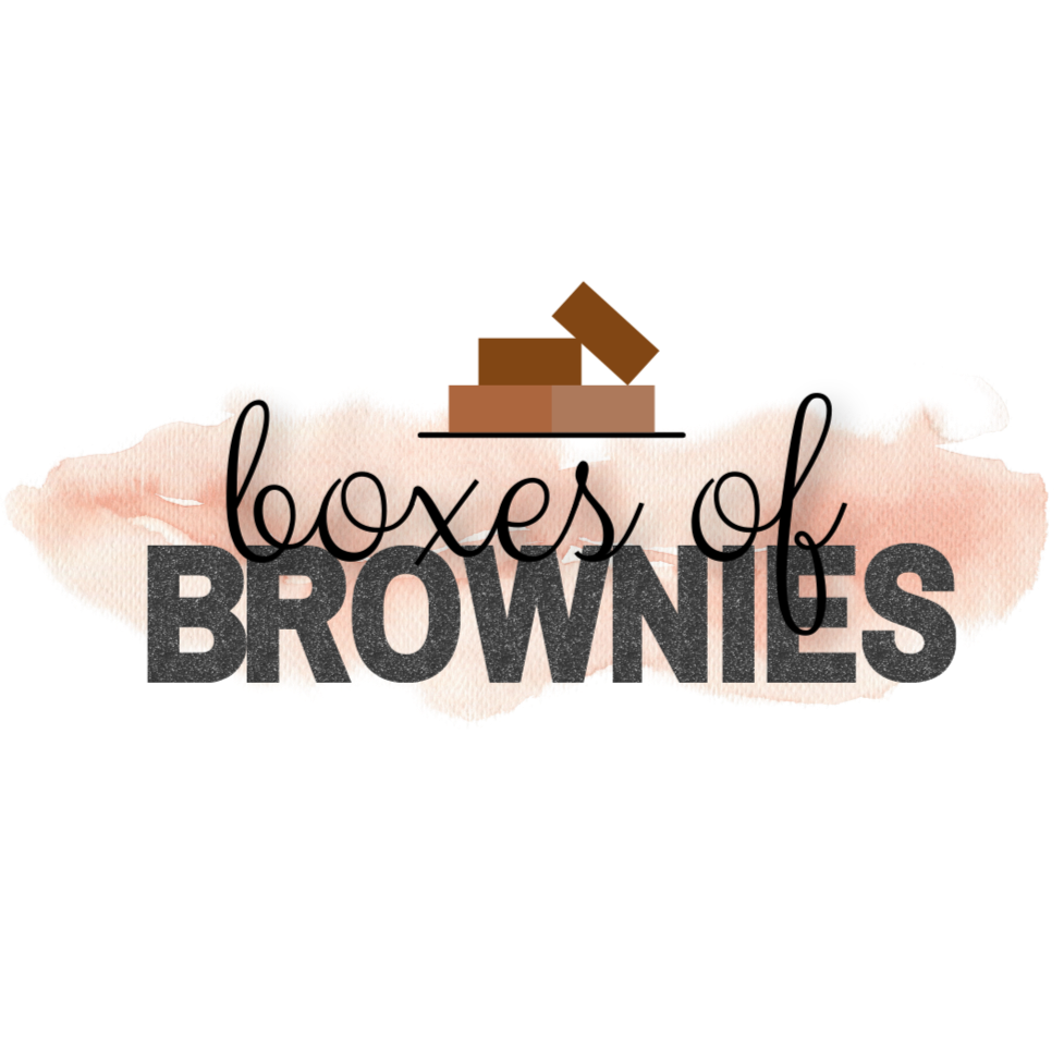 A sign with the text 'boxes of BROWNIES' with an illustration of a stack of brownies above the text and a pink watercolor background.