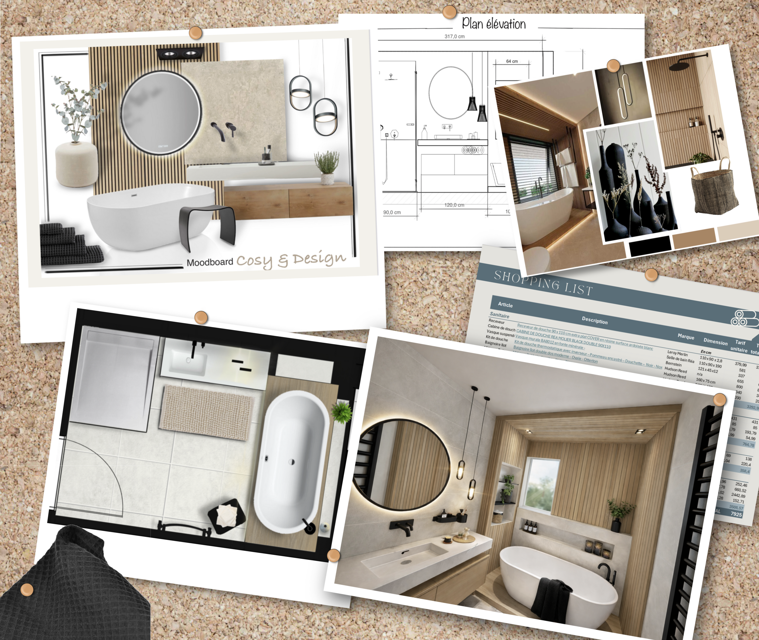 Collage de plusieurs plans et images de salles de bains modernes avec des éléments en bois, des baignoires autoportantes, des miroirs ronds, des échantillons de couleurs et des listes de shopping.