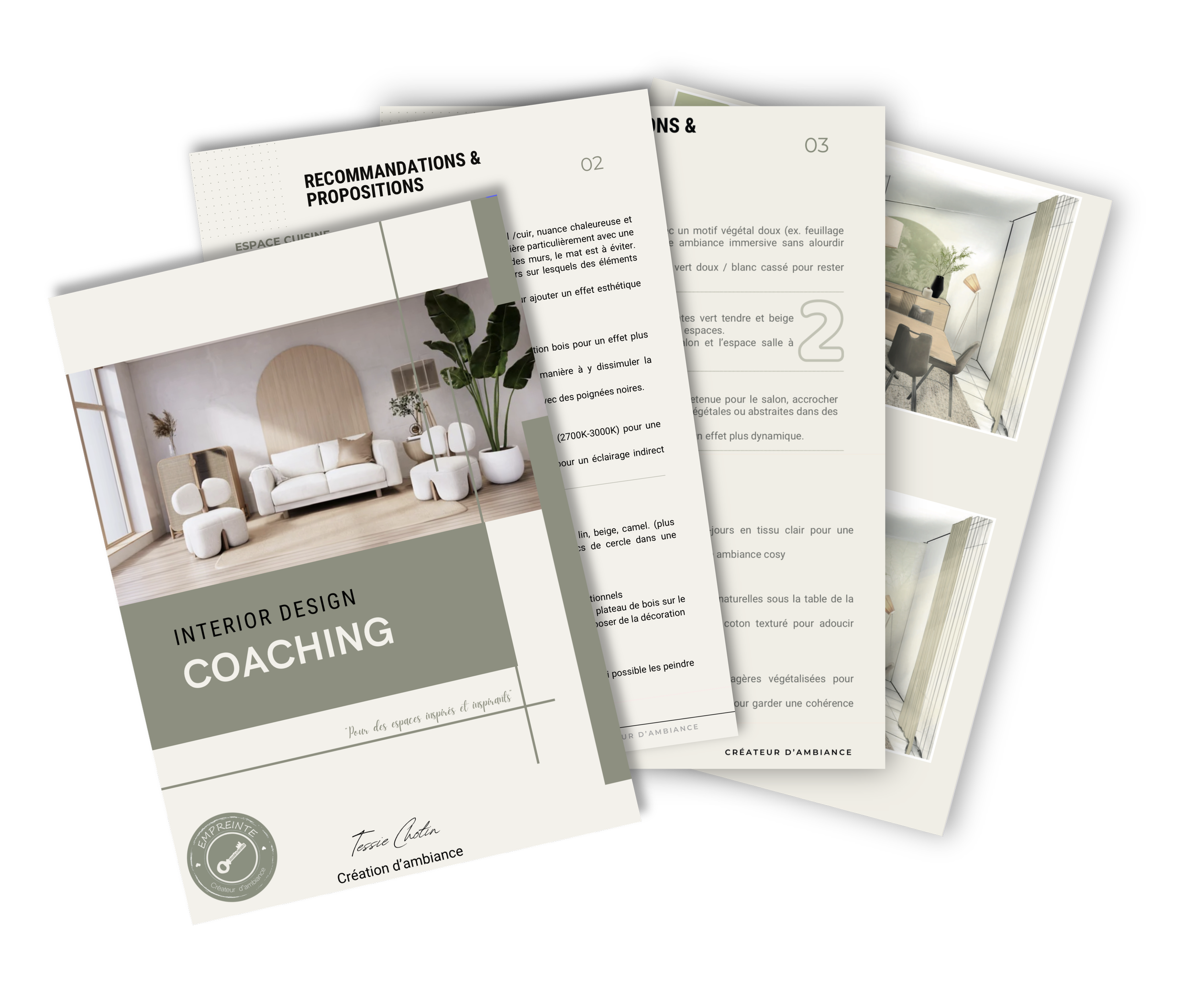 Documents de coaching en design intérieur avec images de meubles modernes et de décor, et texte en français sur les recommandations et propositions de décoration intérieure.
