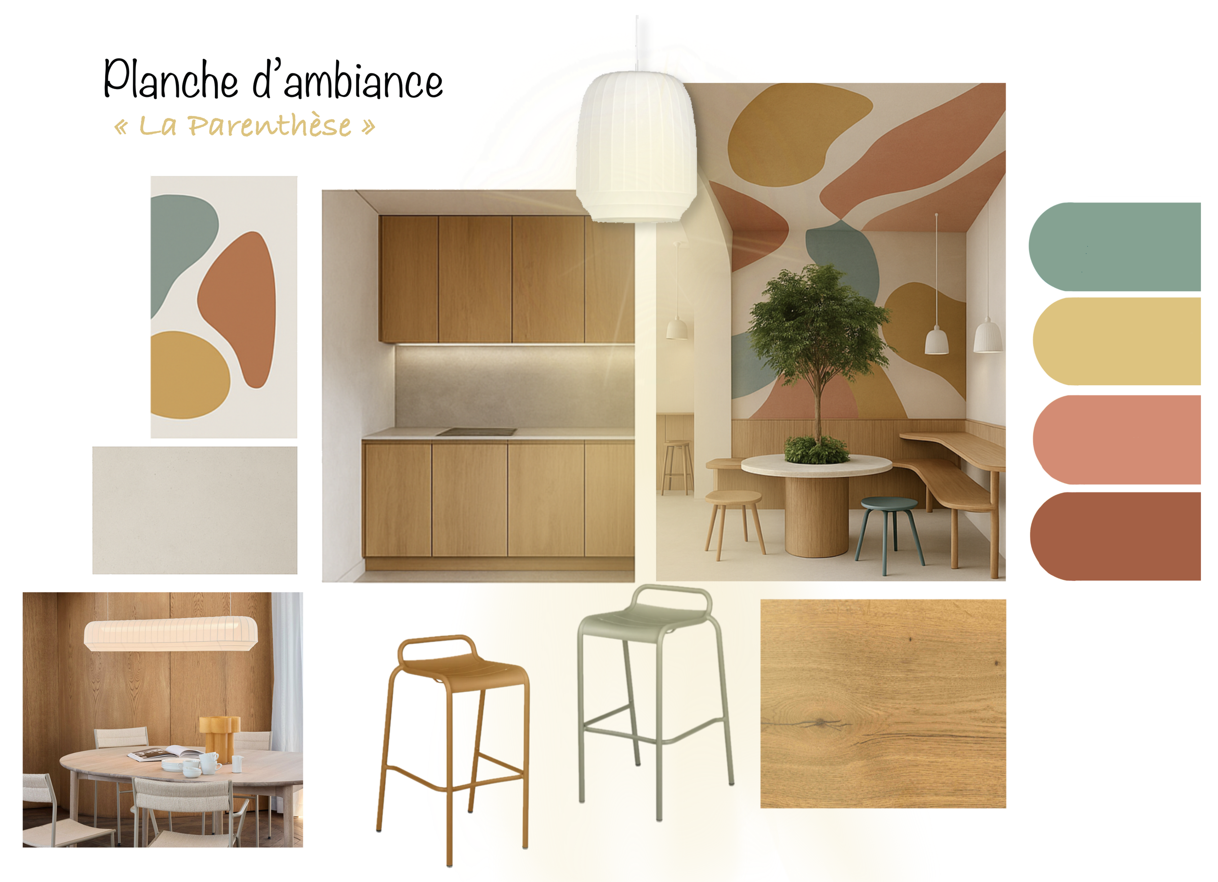 Planche d'ambiance intitulée "La Parenthèse" montrant une décoration intérieure avec un thème de couleurs douces et naturelles. Il comprend une illustration abstraite avec des formes organiques dans des tons verts, jaunes, corail et brun. La planche présente également un espace cuisine avec des armoires en bois clair, un mur d'accent avec un mur peint dans le même ton abstrait, un luminaire suspendu blanc, et différents meubles modernes, y compris des chaises en bois et en métal dans des tons neutres. Il y a aussi une image d'une table de salle à manger en bois avec un éclairage suspendu au-dessus, et une sélection de textures en bois naturel.