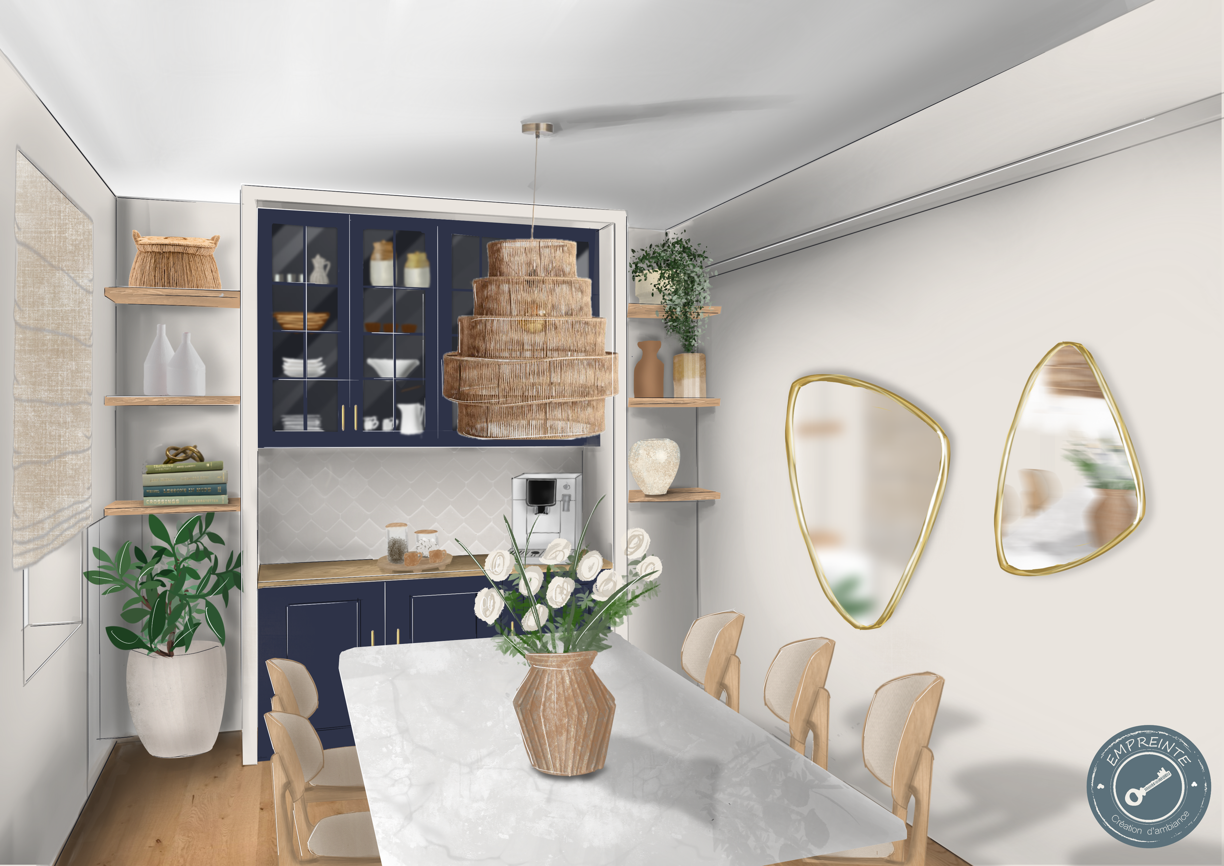 Salle à manger moderne avec table en céramique, aménagement intérieur élégant.