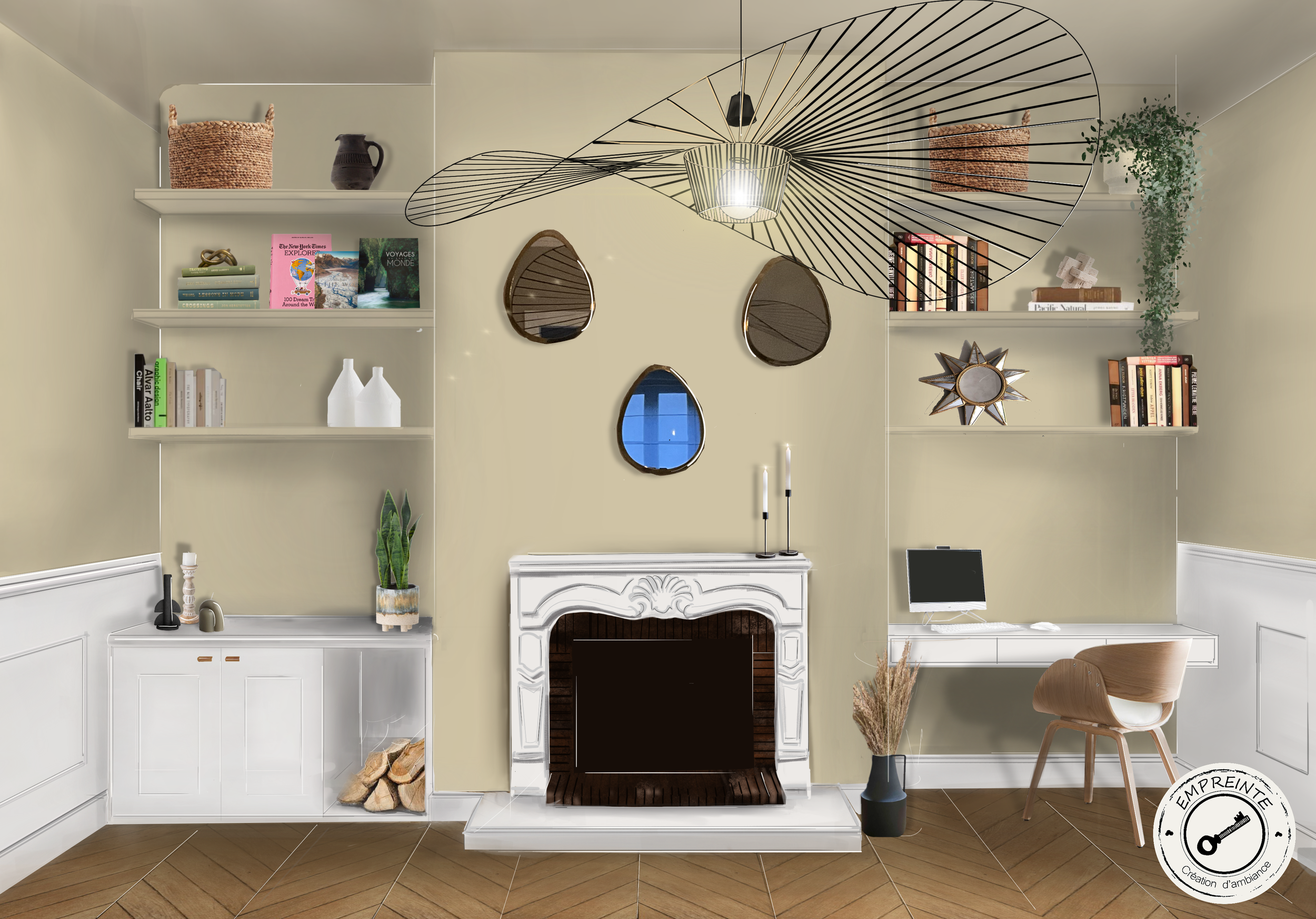 Salon chaleureux avec cheminée, étagères décoratives et touches végétales, décoration intérieure dans une maison de maître.