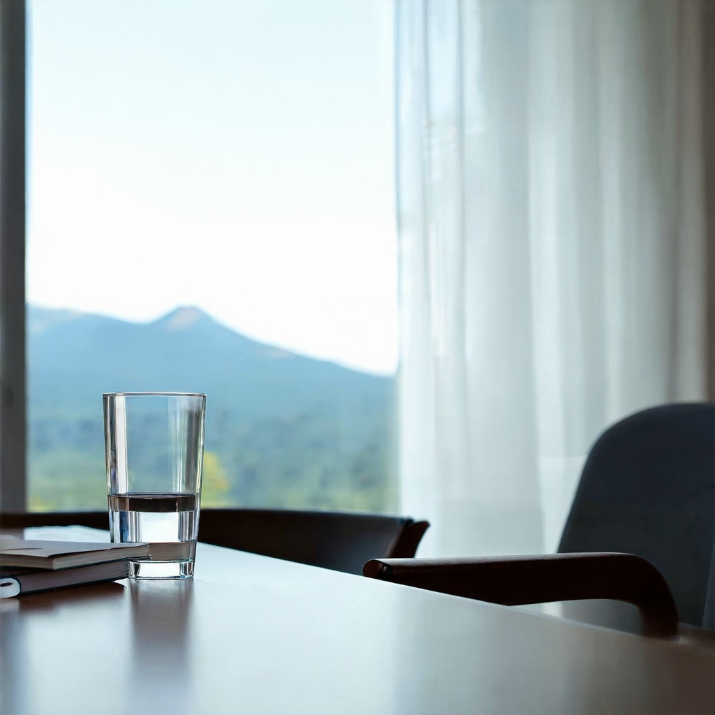 A glass of water, a closed notebook, and a pen on a table near a window with a view of a mountain in the background.