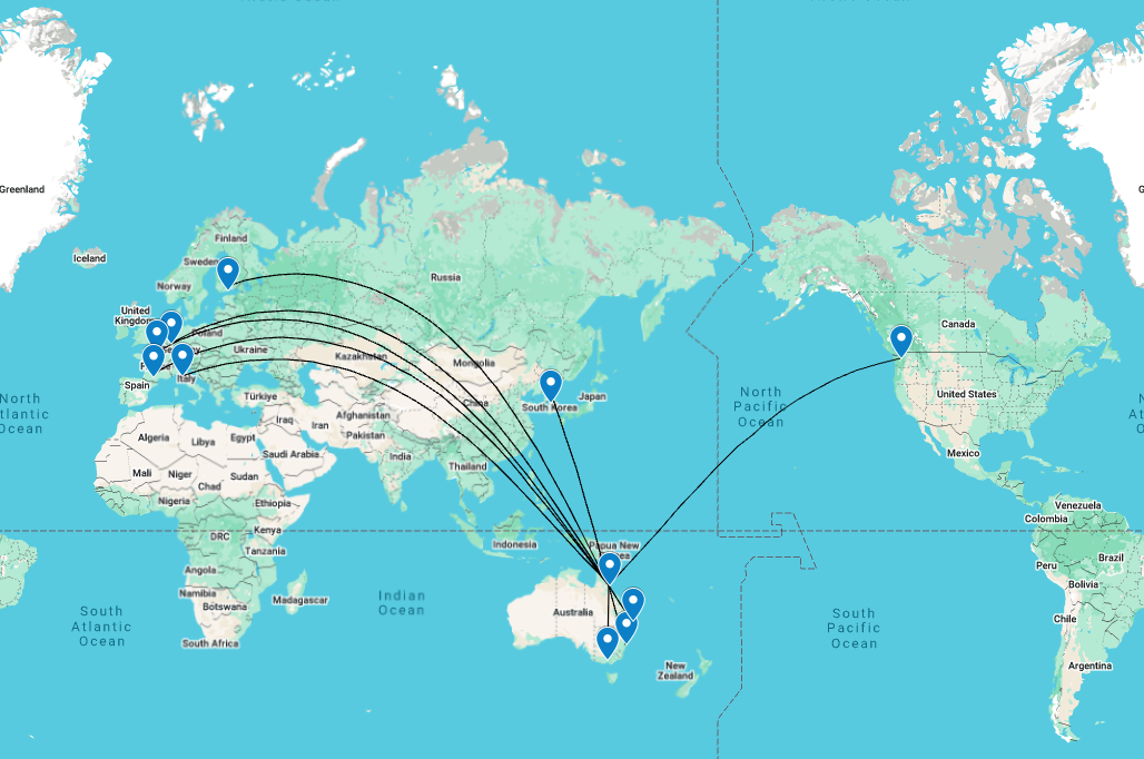 Client locations, internationally that i-Synapse works with. Australia, South Korea, United States, and several in Europe.