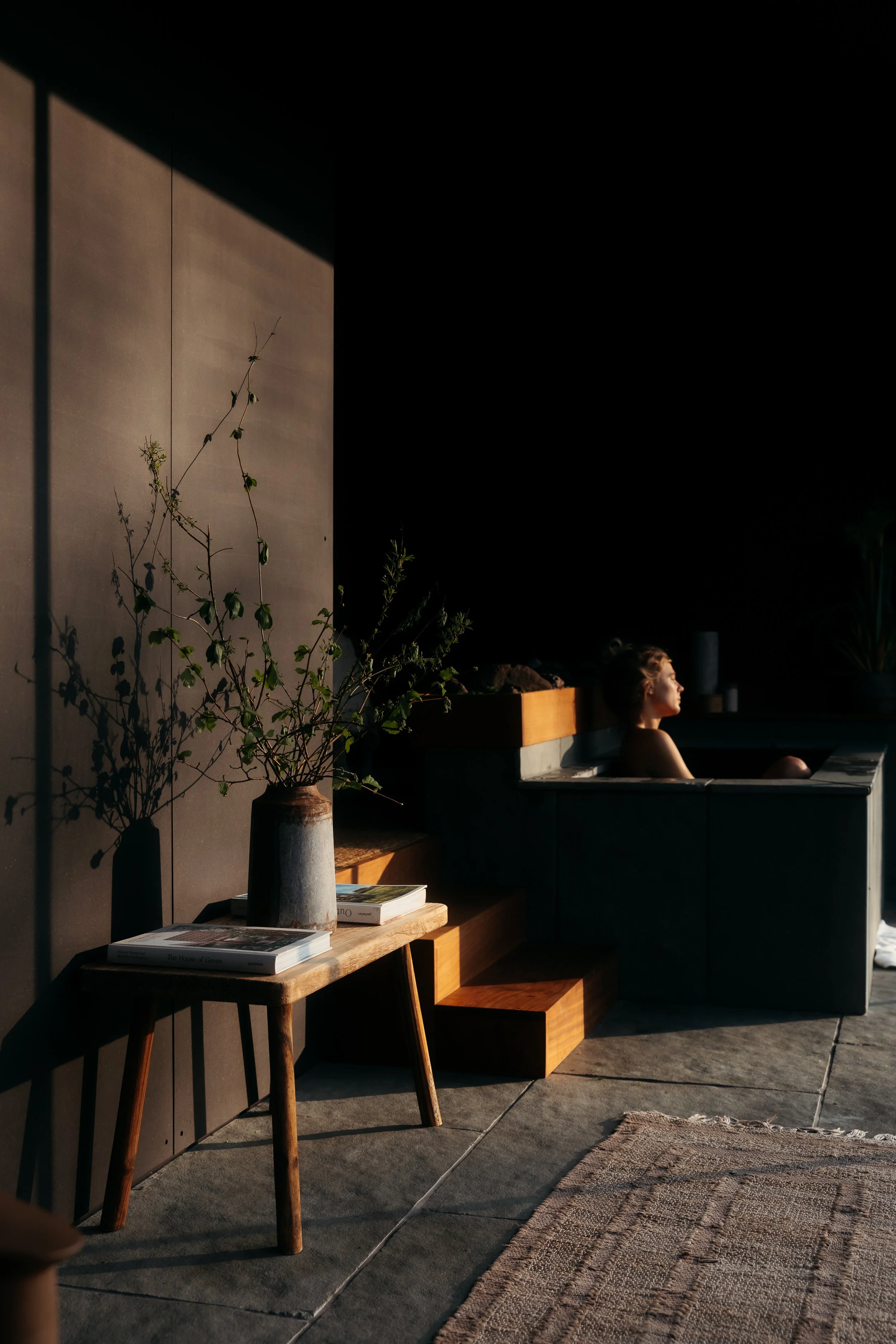 Mujer relajándose en una bañera, iluminación natural, decorado minimalista con plantas y libros.