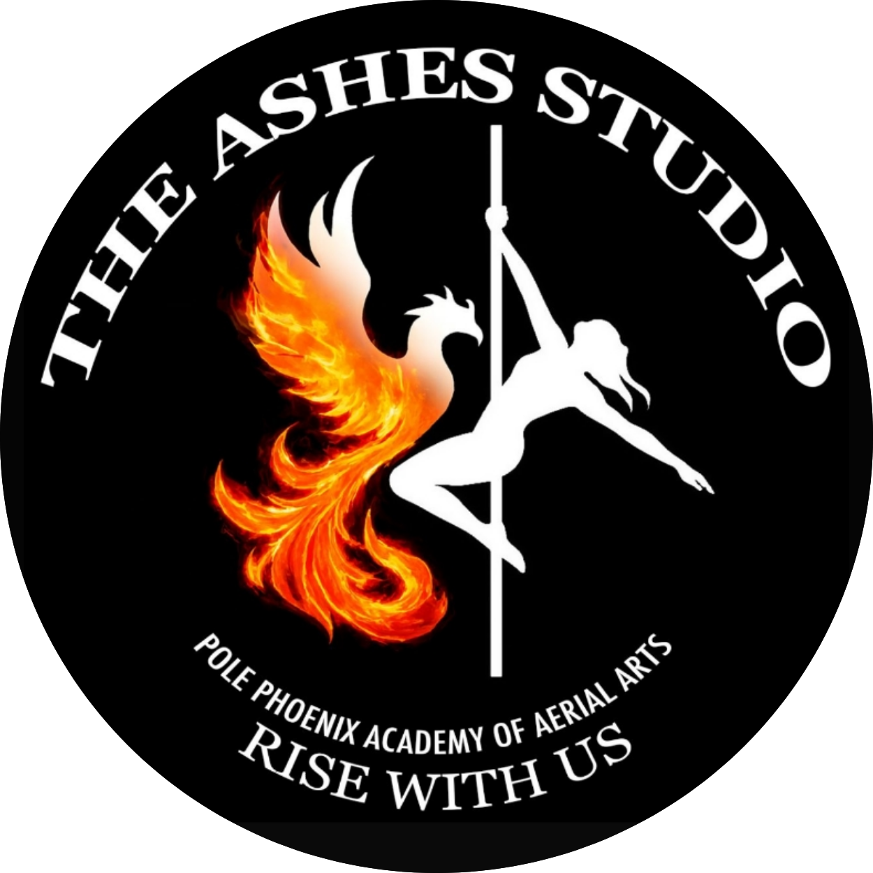 A logo featuring a phoenix with fiery wings and a pole dancer silhouette, surrounded by the words 'The Ashes Studio' at the top, 'Pole Phoenix Academy of Aerial Arts' at the bottom, and 'Rise With Us' at the very bottom, all on a black background.