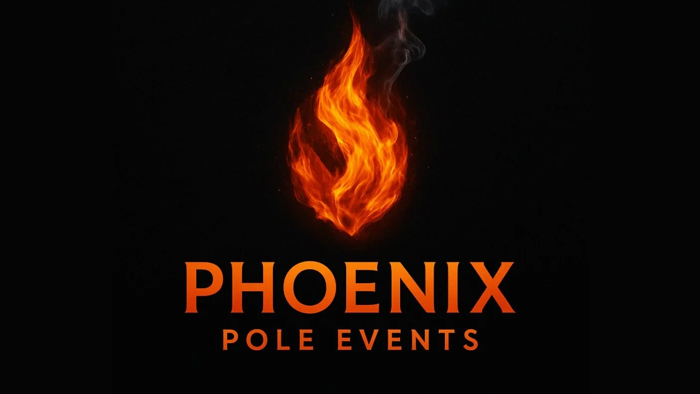 A logo with a fiery phoenix above the words 'Phoenix Pole Events' in orange with a black background.