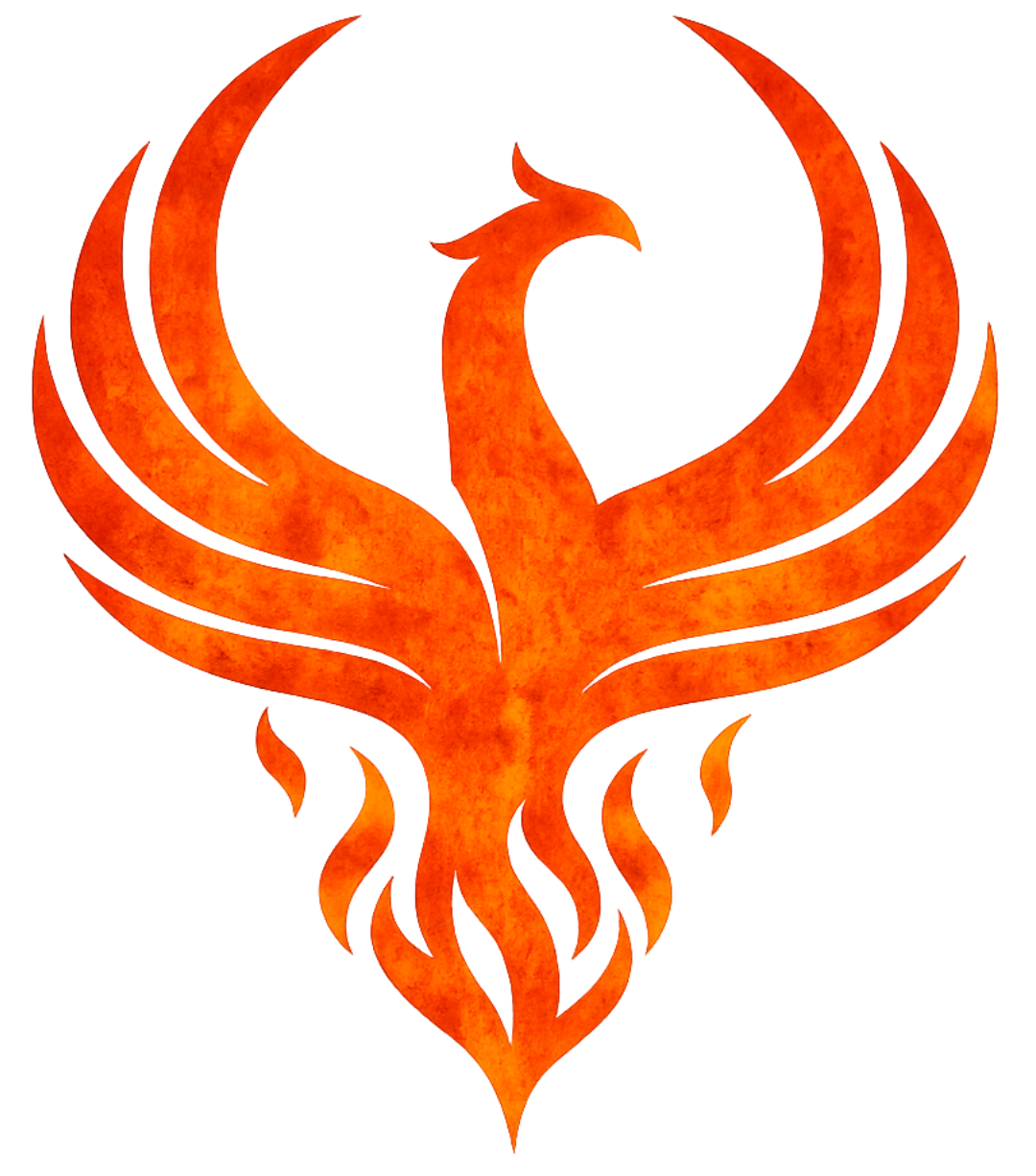 A fiery, stylized phoenix with wings spread upward and flames beneath its body, in shades of orange and red.