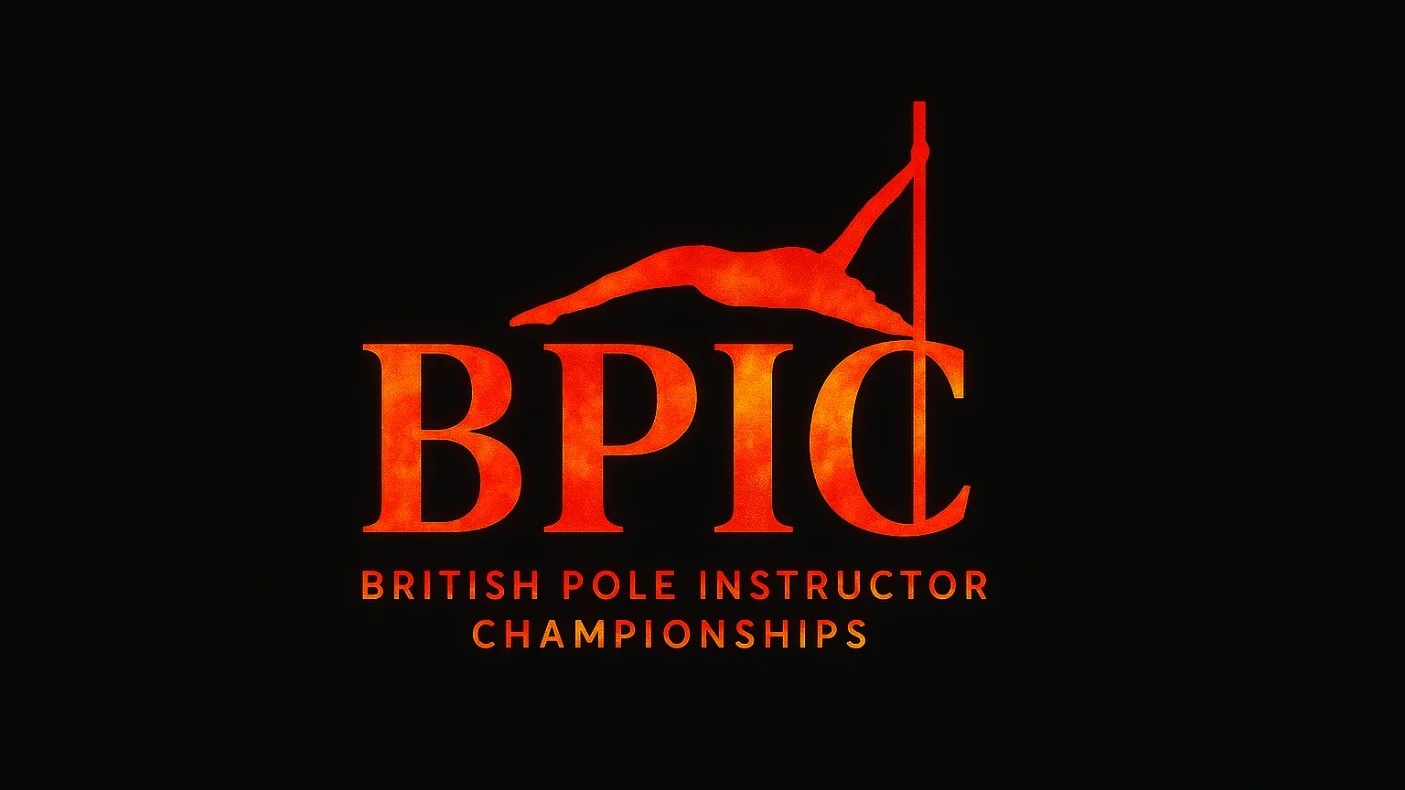 Logo for the British Pole Instructor Championships featuring the acronym BPIC in red with a silhouette of a pole vaulter on top, against a black background.