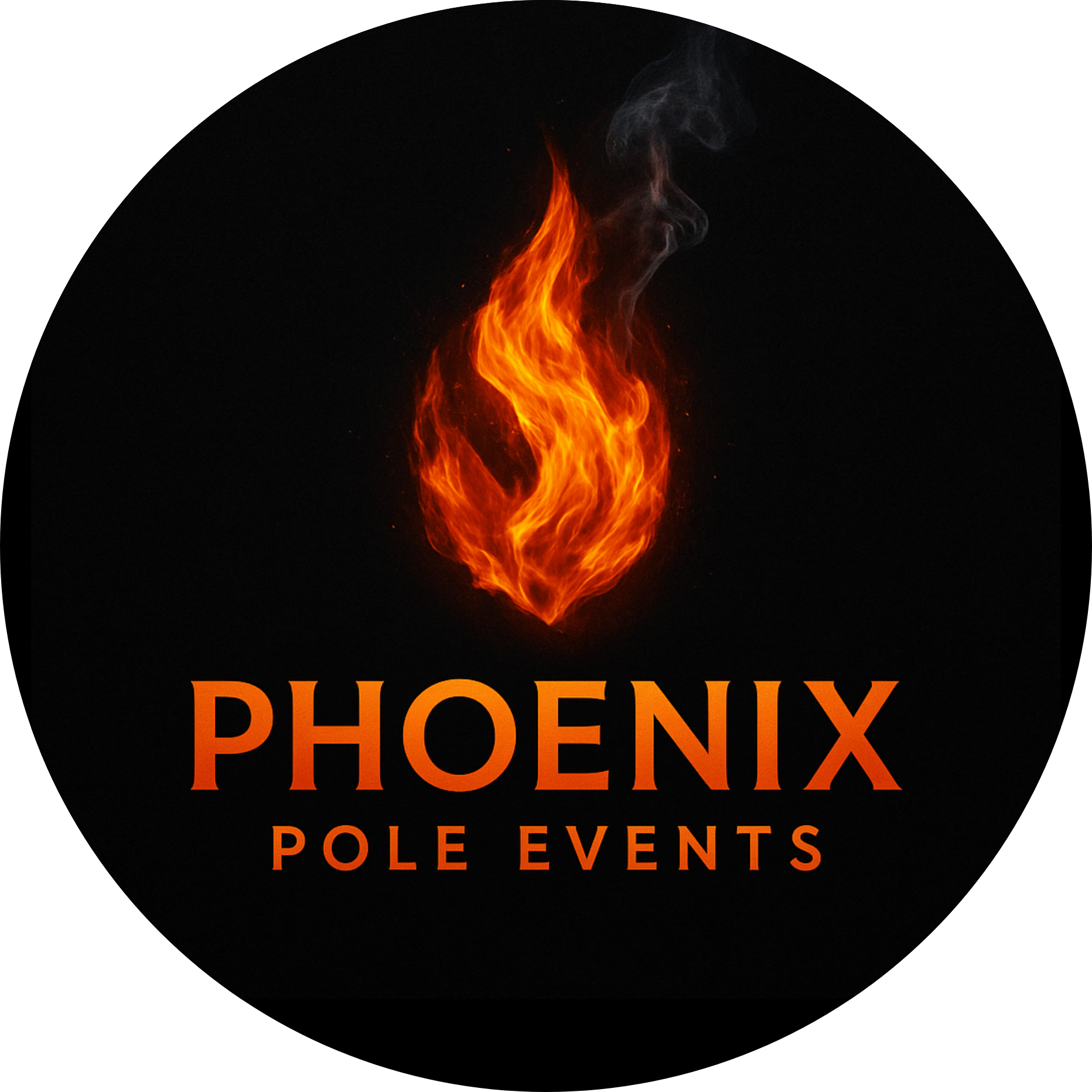 Logo for Phoenix Pole Events featuring a flaming phoenix head above bold orange text on a black background.