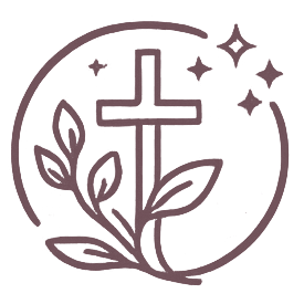 A Christian cross surrounded by leaves and stars within a circular outline.