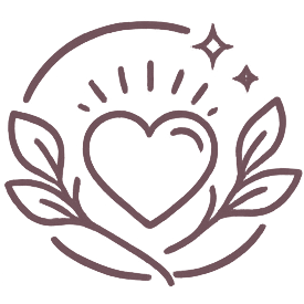 A hand-drawn illustration of a heart surrounded by decorative leaves, stars, and sparkles.