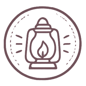 A line drawing of a lantern with a flame inside, surrounded by a circular border with radiating lines.