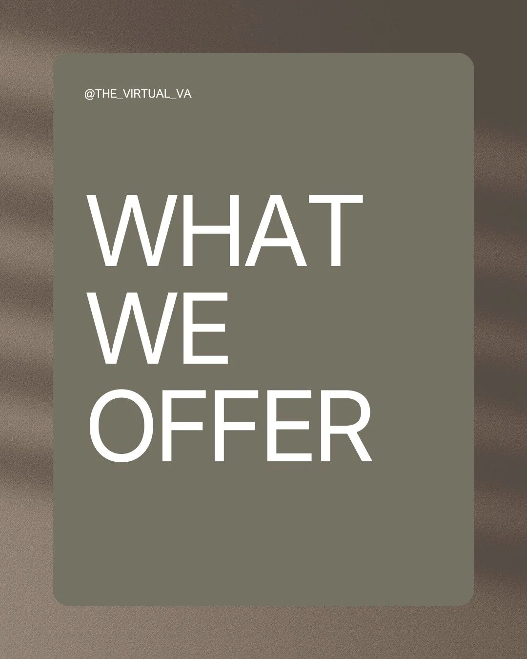What we do, in a nutshell.

At The Virtual | VA, we provide flexible virtual assistant support designed for growing businesses &mdash; not one-off tasks.

From admin and marketing to customer experience (email, chat &amp; voice), technical support, a