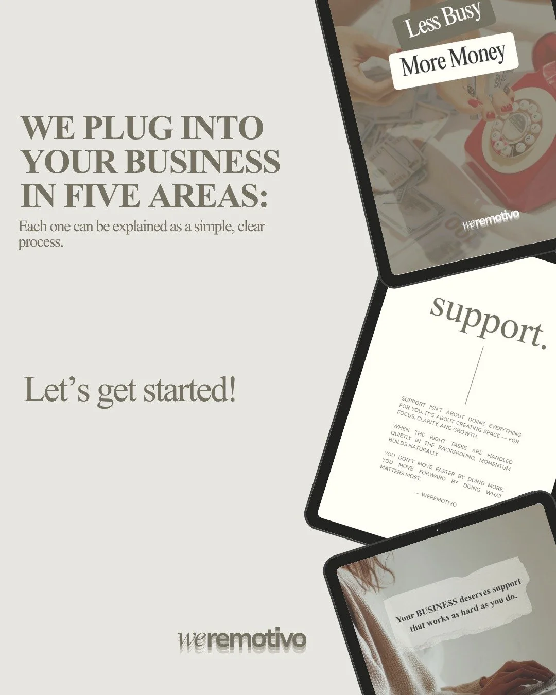 Running a business shouldn't mean doing everything alone. That's why our virtual team supports you in five areas that matters most: 
#customerservice 
#marketing 
#websitesupport
#adminsupport #operationsandsystemsupport

#weremotivo