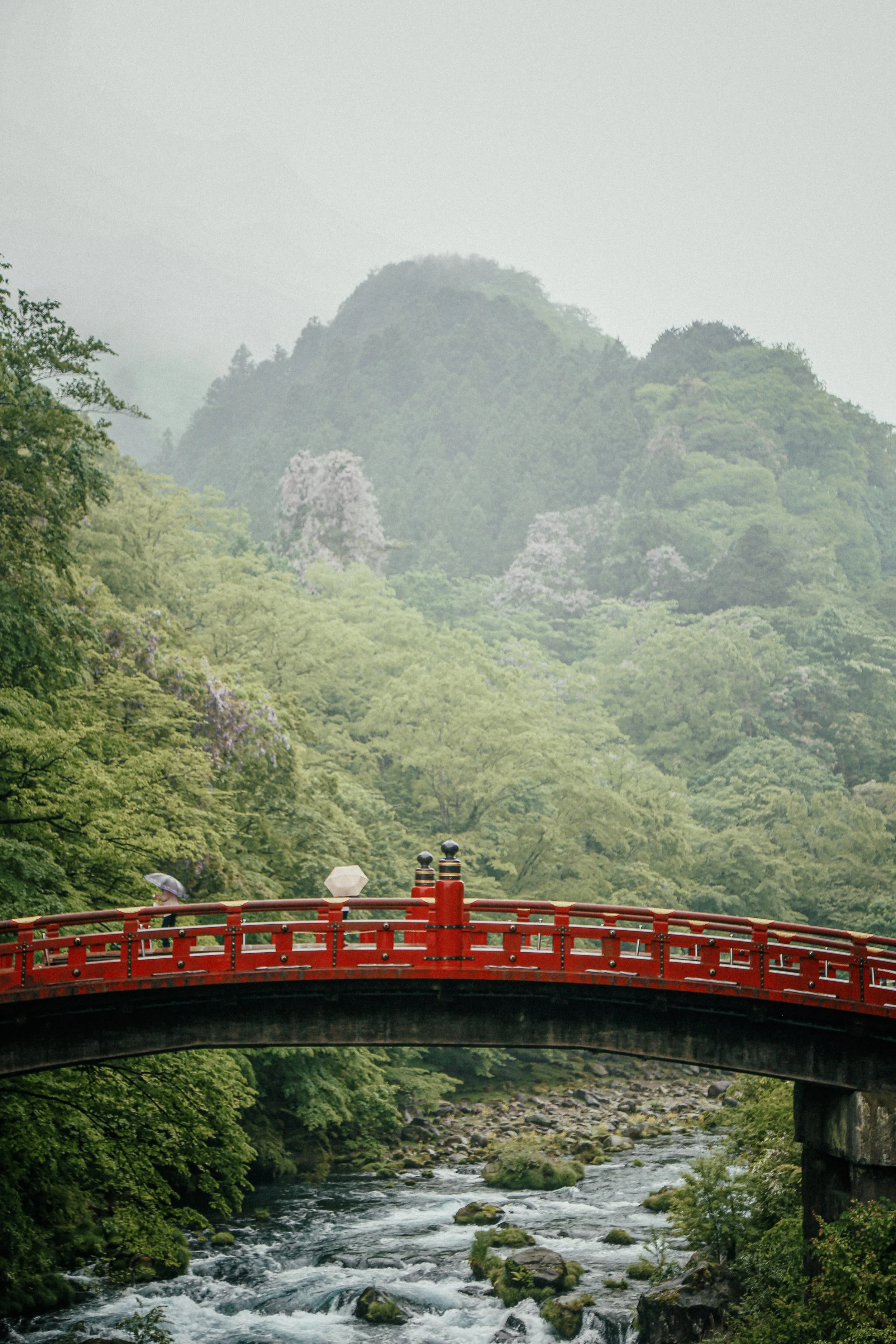Een rode houten brug over een snel stromende rivier, omgeven door groene bomen en bergen in de mist.