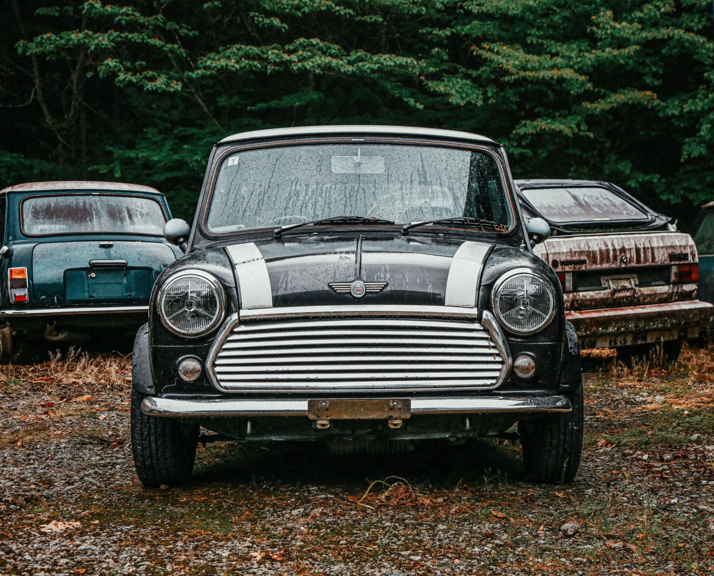 Verlaten auto's op een stoffige locatie met een bos op de achtergrond, waaronder een zwarte en witte miniatuurauto in het midden.