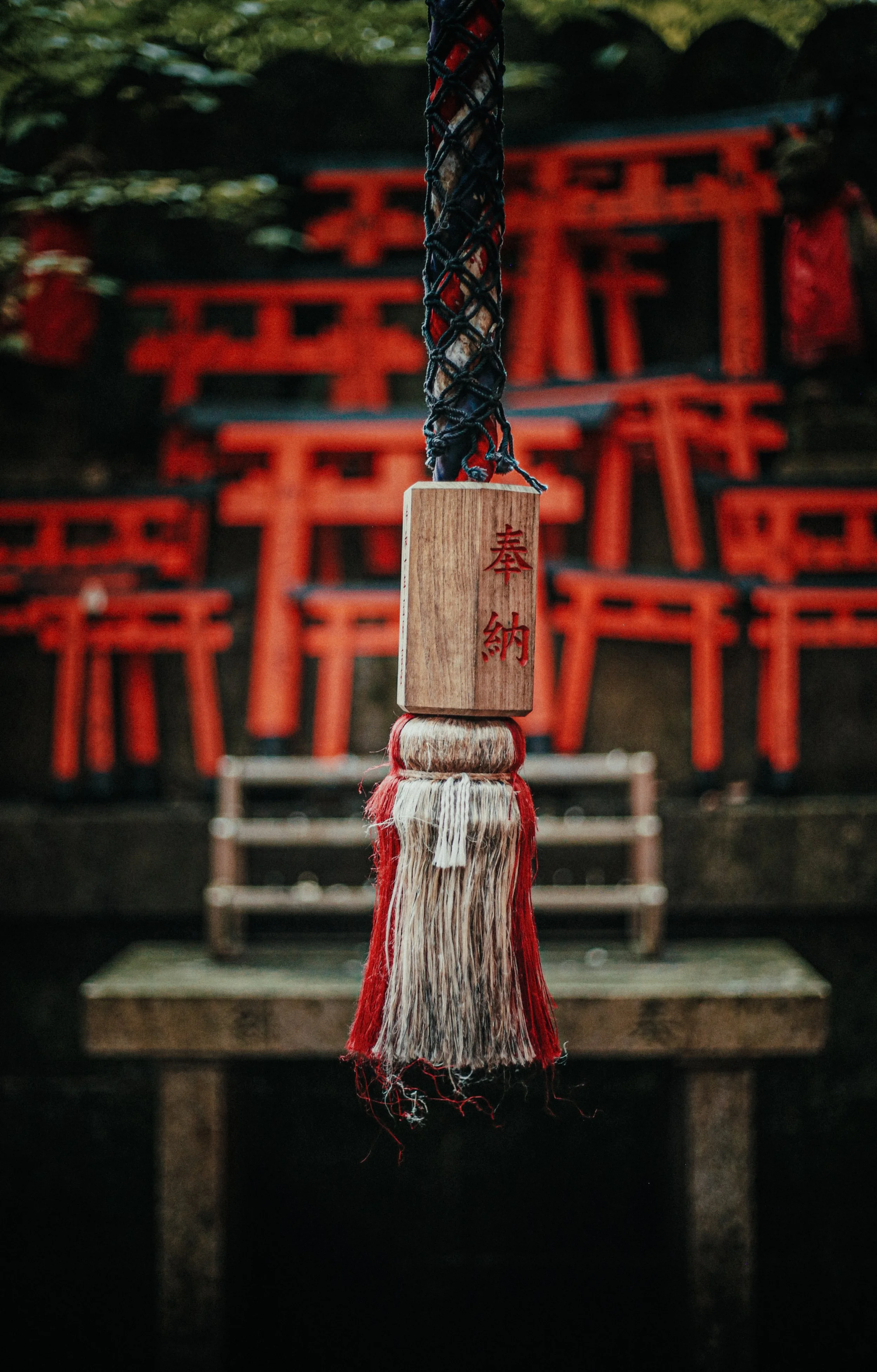 Een touw met een houten offertafel en geknoopte draad in de voorgrond, met meerdere rood gekleurde torii-poorten op de achtergrond.