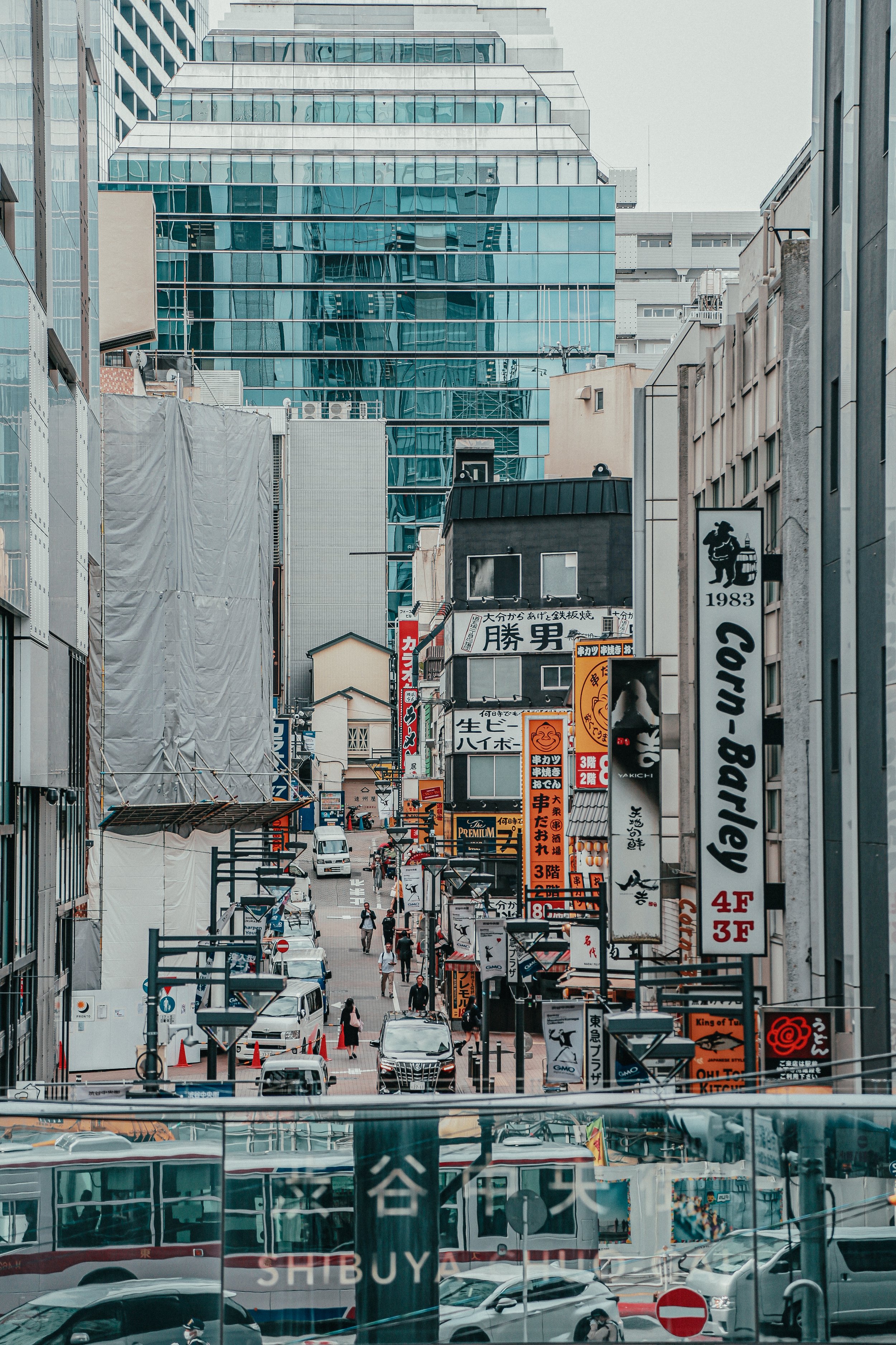 Een drukke stedelijke straat in Tokyo, Japan, met moderne en traditionele gebouwen, talloze reclameborden en verkeerslichten.