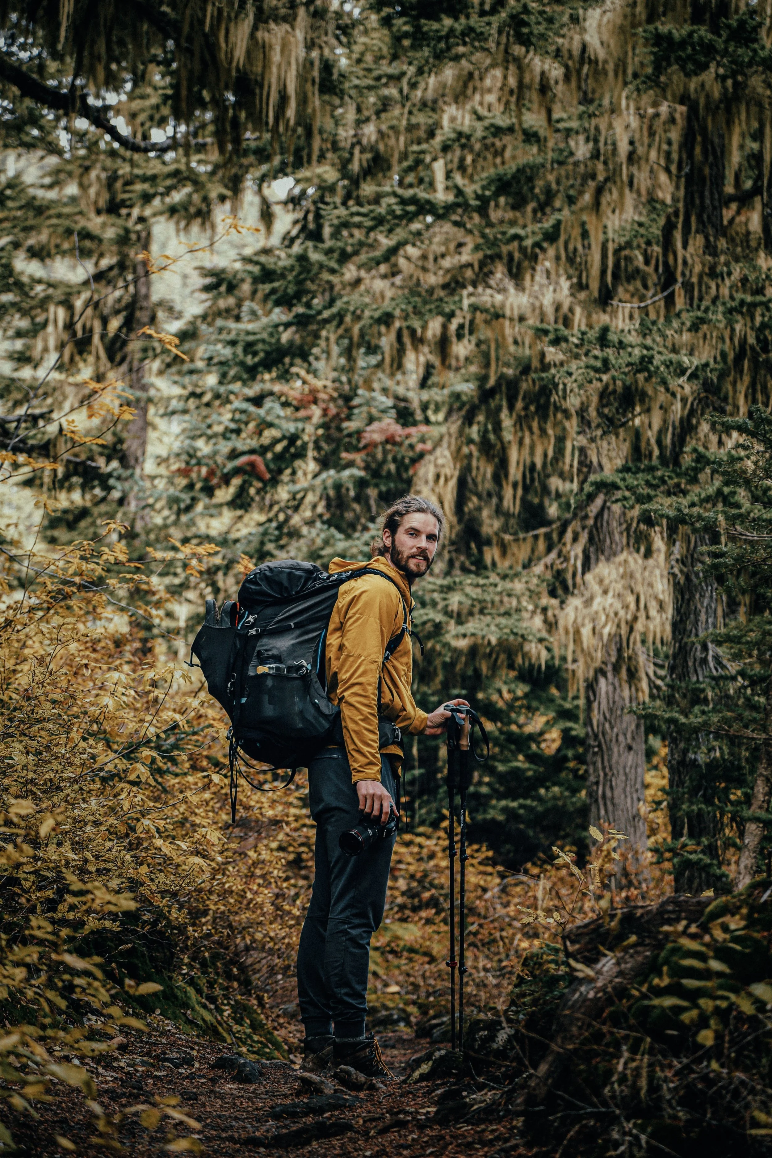 Een man met een backpack en wandelstokken in een bos met groene en gele bladeren.
