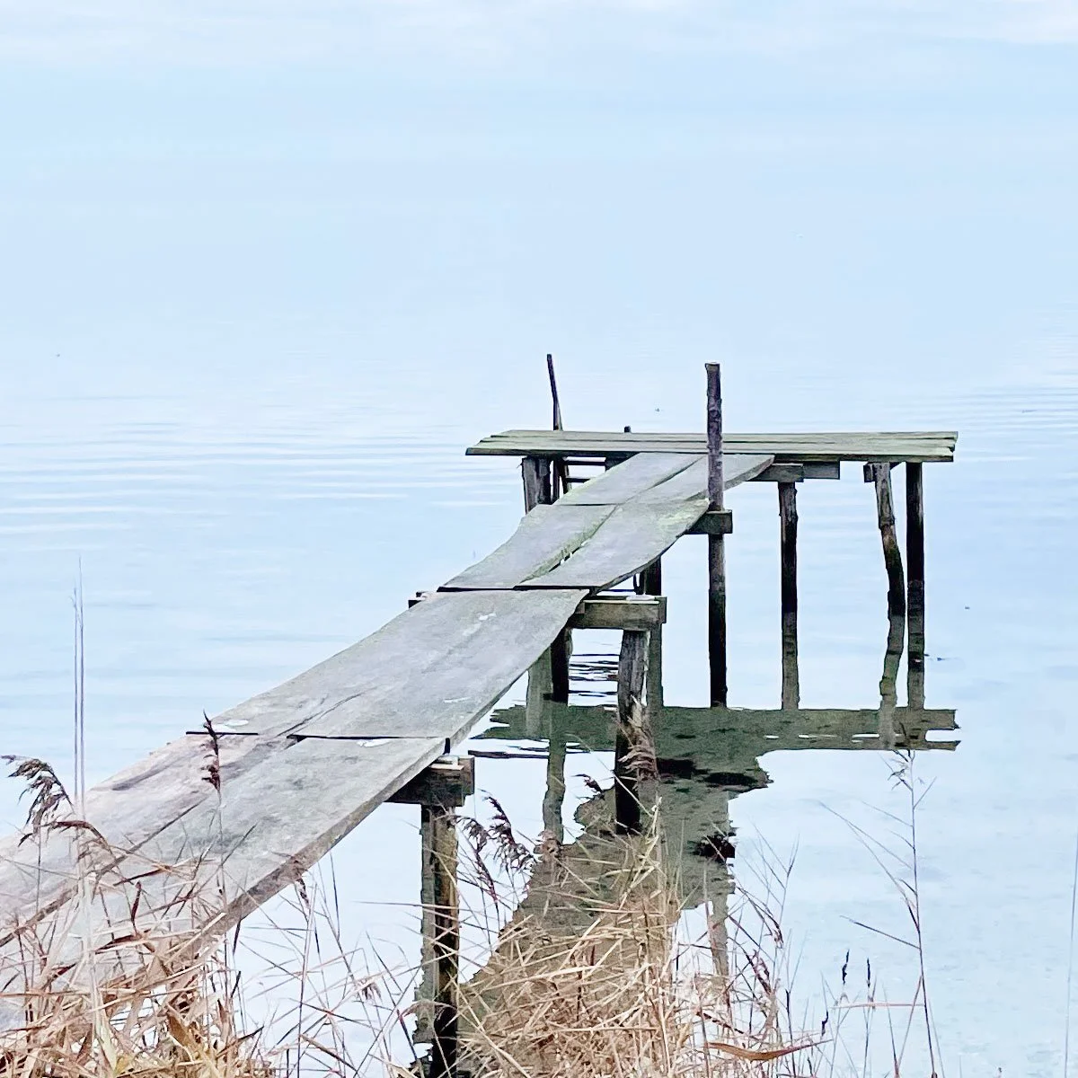 En gammel træstige, der fører ud over vandet til en lille træplatform.