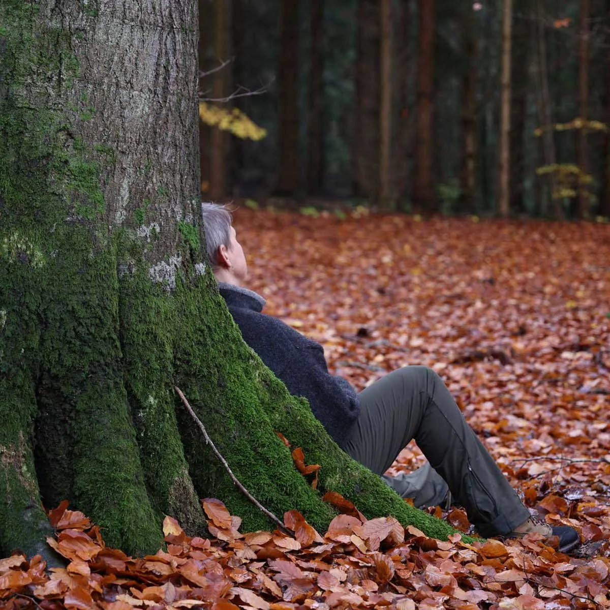 En person sidder hvilende ved foden af et træ dækket af grøn mos, i en skov med efterårsløv på jorden.