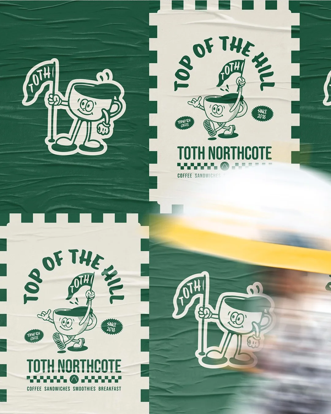 A green wall with white panels and cartoon character designs promoting Toth Northcote, a cafe offering coffee, sandwiches, smoothies, and breakfast. The character is a smiling anthropomorphic cup holding a flag with the text "Toth" and animated with 