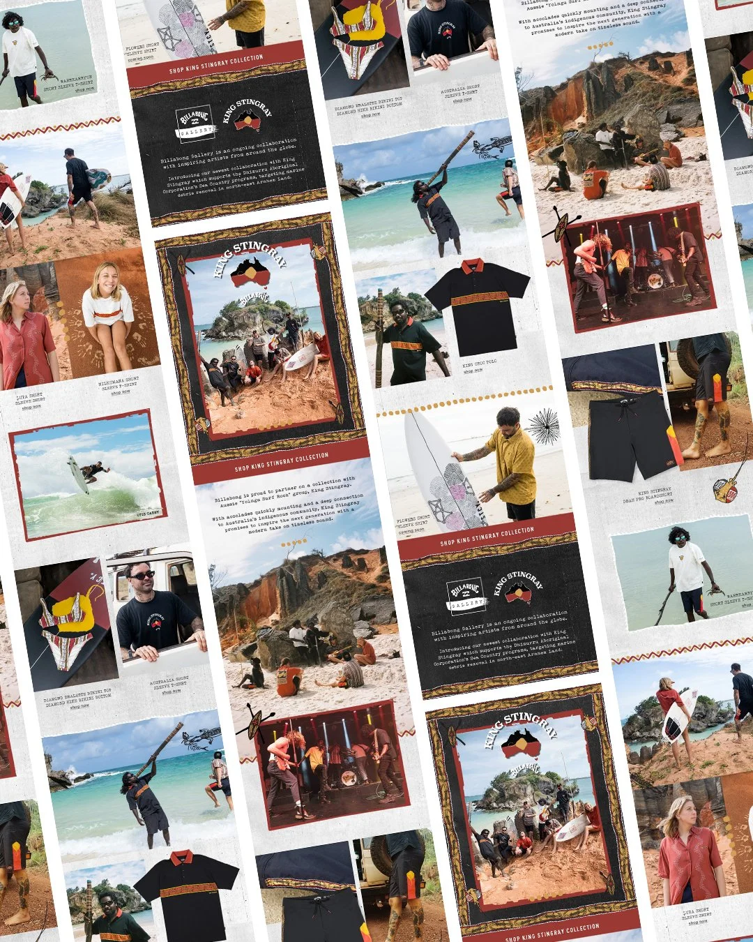 Collage of photos from a beach event, featuring people surfing, posing, and enjoying the outdoors, with apparel and merchandise from the King Stingray collection and Billabong, and some artwork and graphic designs.