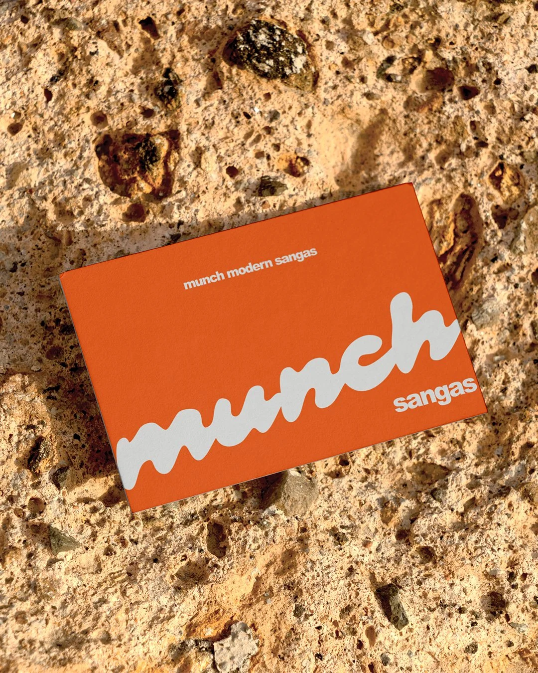 A bright orange box with white and orange text, reading "munch modern sangas" and "sangas," resting on a sandy, rocky surface.
