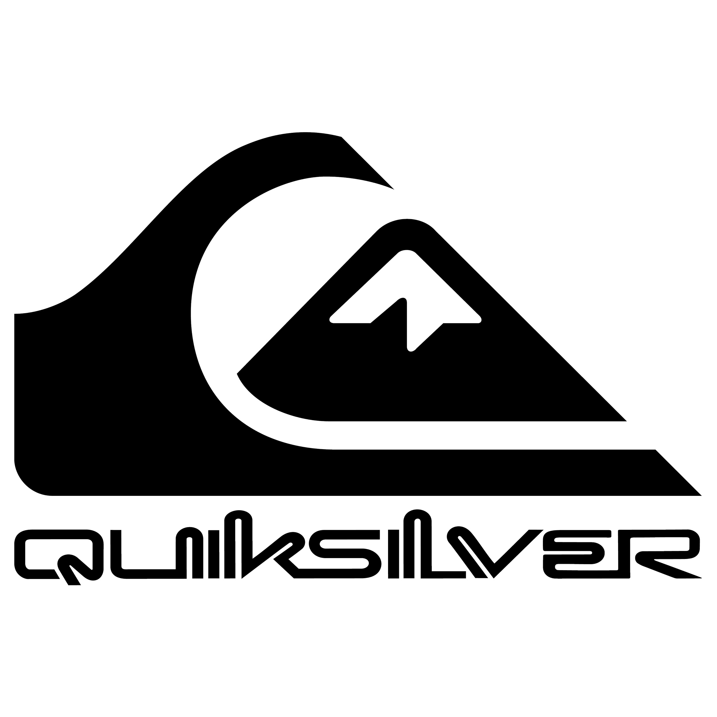 Line drawing of a mountain wave with the Quiksilver logo and stylized text of 'Quiksilver' underneath.