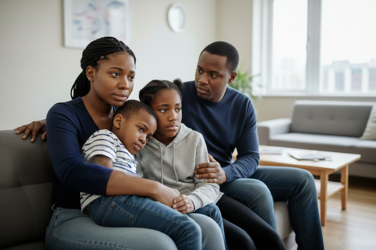 A worried family of four sitting on a couch, appearing distressed or upset.