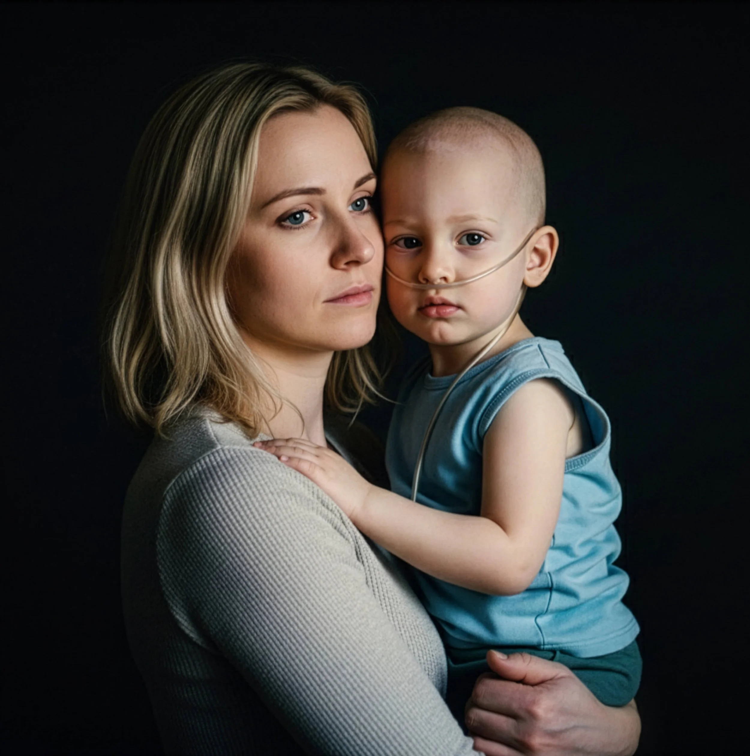 A woman with blonde hair holding a young child with cancer against a black background.