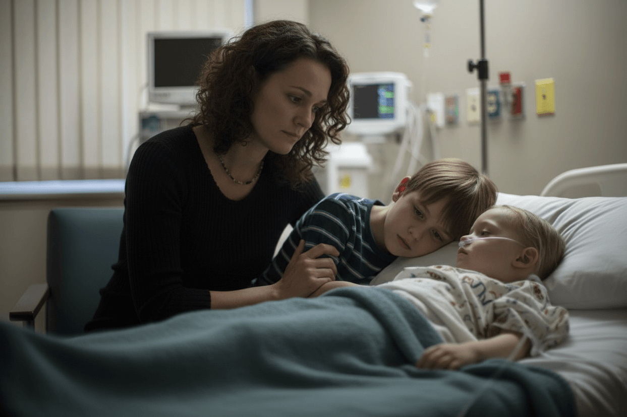 A woman and sibling sitting beside a hospital bed, comforting young child with cancer who is lying in hospital bed.
