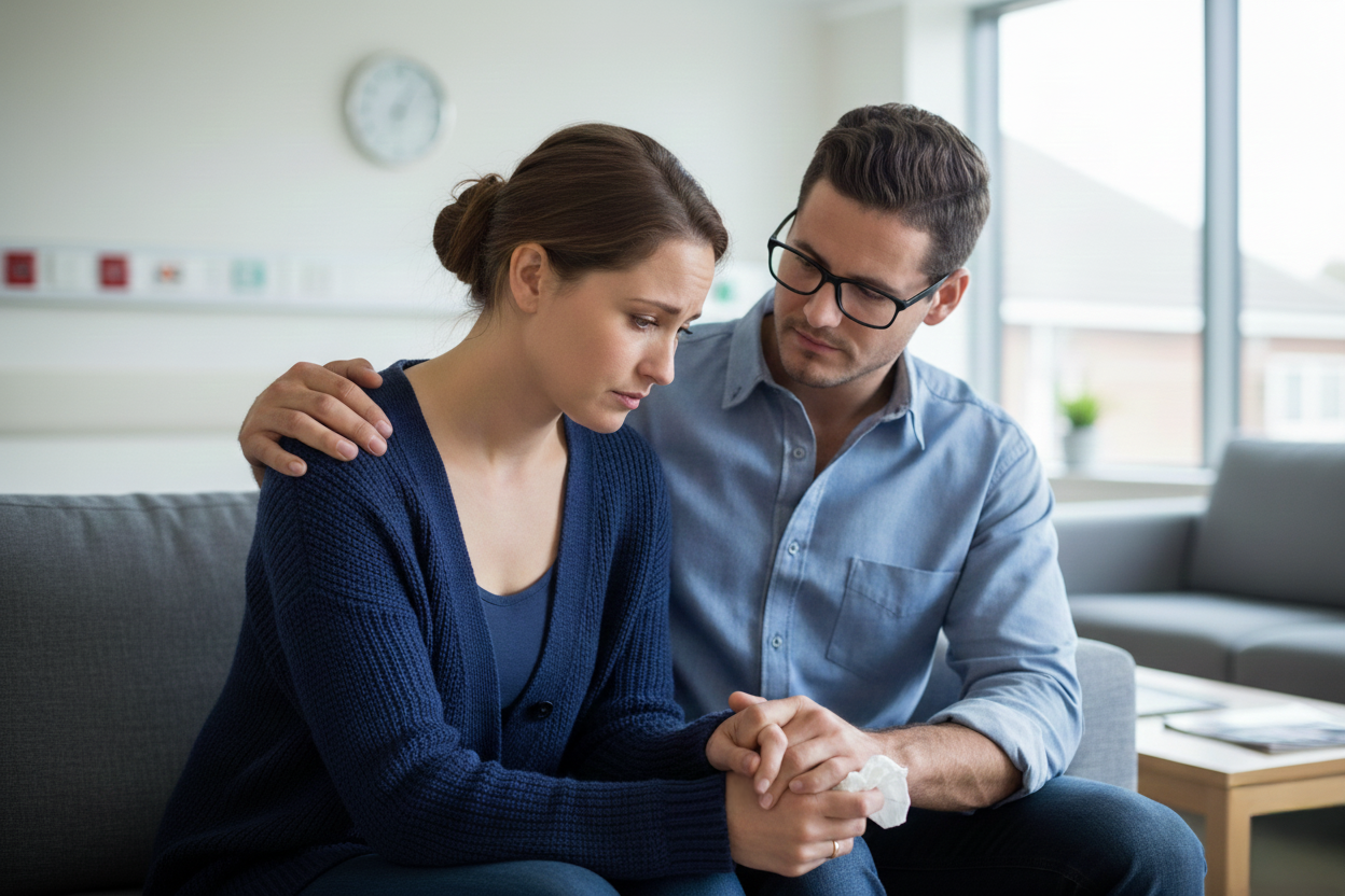 A father providing emotional support to his wife who is upset, in a bright, modern room with a clock on the wall and windows letting in natural light.