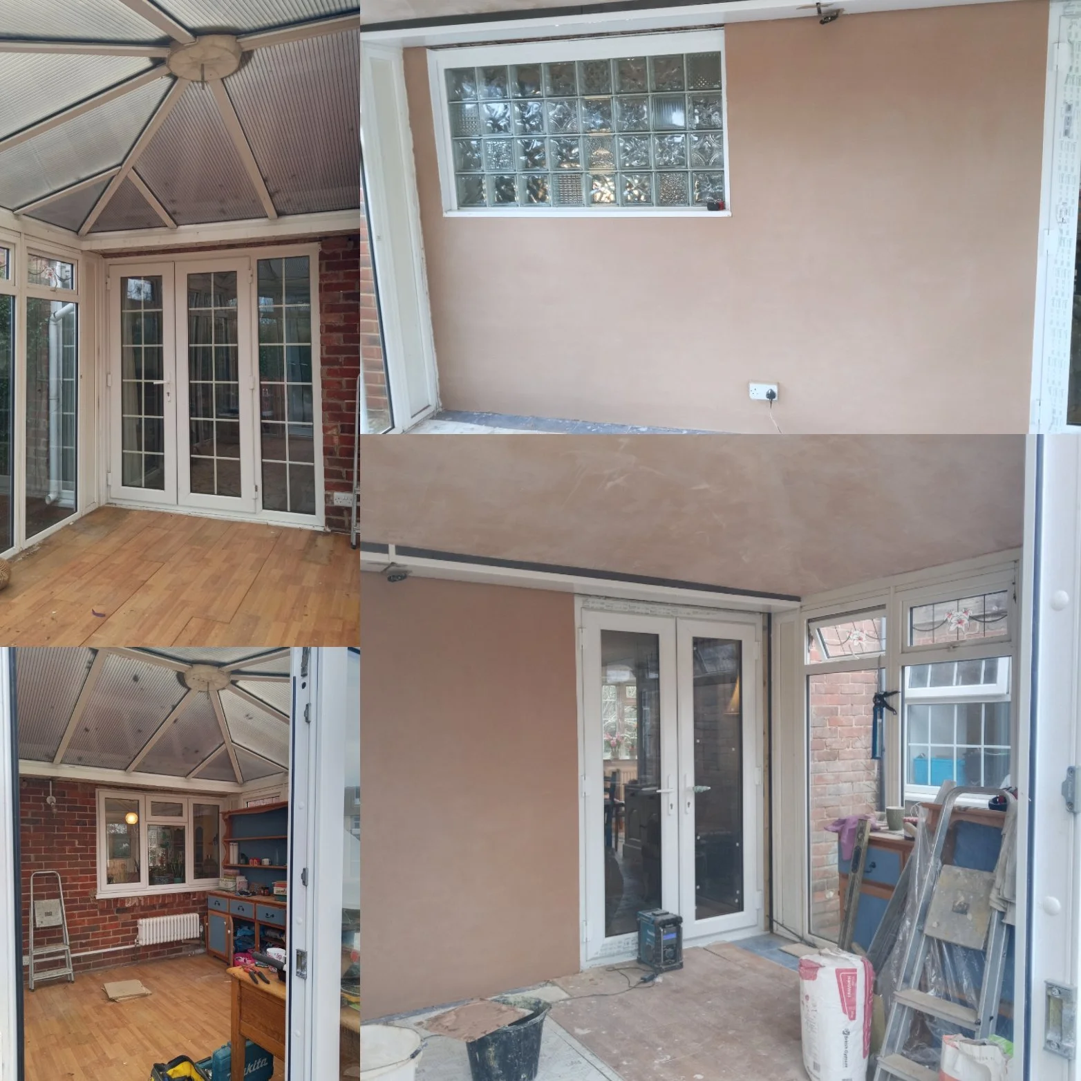 Renovation of sunroom with new wall finishing, doors, and ceiling work.