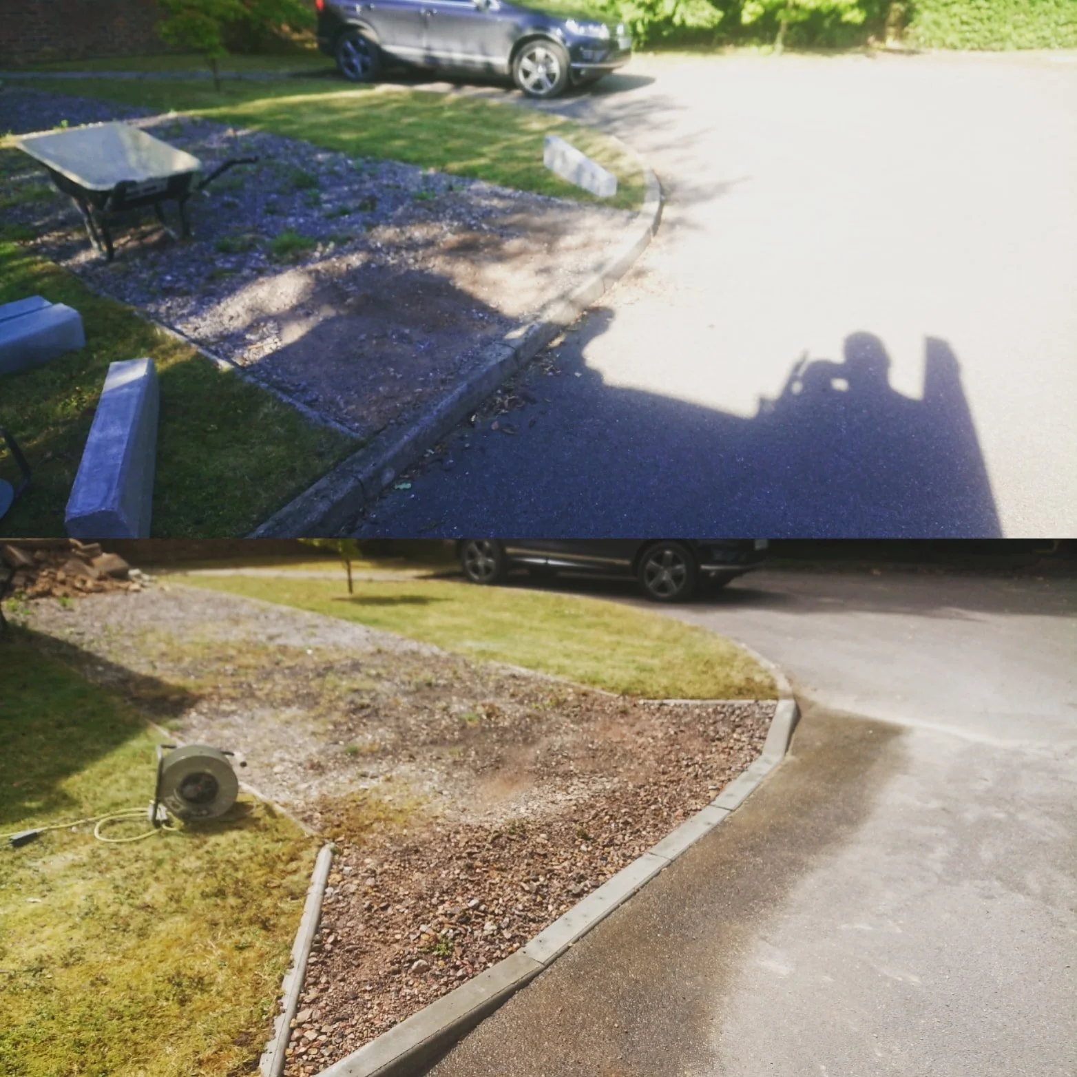Comparison of two landscaped areas in a parking lot; the top shows a patch with gravel, a wheelbarrow, and fewer plants, while the bottom shows a ported gravel patch with a landscaping light and some small plants.