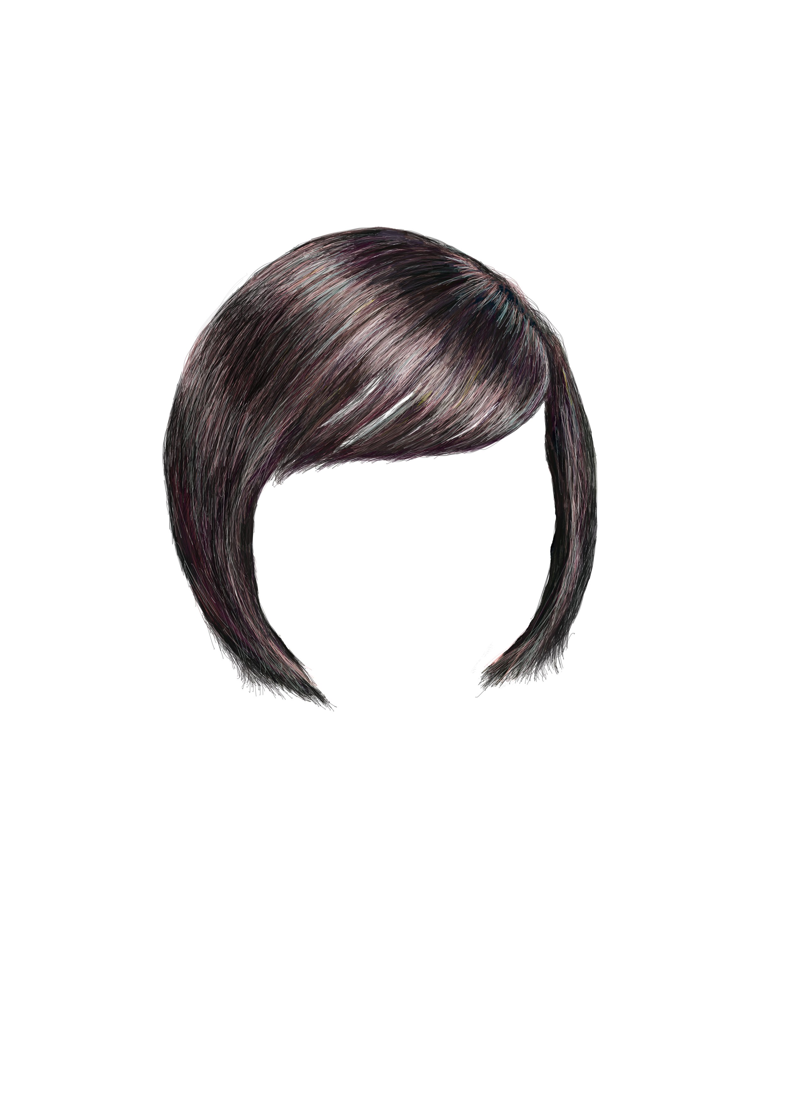 Digital illustration of a woman's short, sleek, dark brown hairstyle with subtle purple highlights.