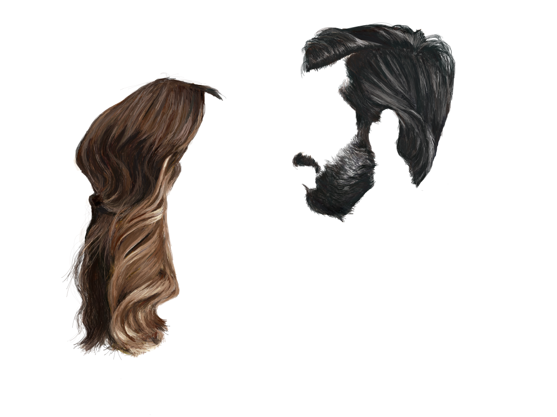 Digital illustration of two profile portraits, one of a woman with long, wavy brown hair, and the other of a man with a beard and styled dark hair, facing each other.