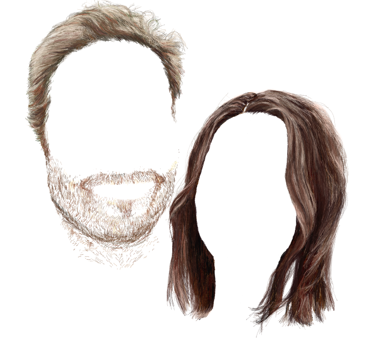 Illustration of a man with short, styled hair and a beard, and a woman with long, wavy hair, both with blank face outlines.