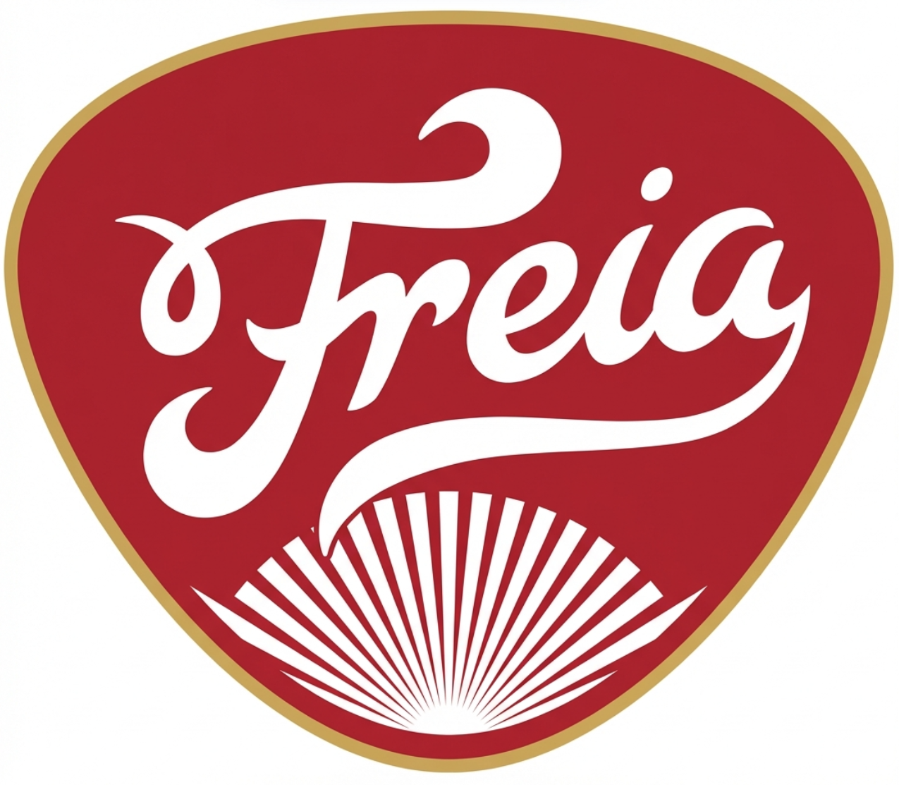 The Freia logo with red background, white cursive text reading 'Frito' and an orange-golden border. Below the text is a sunburst design in white.