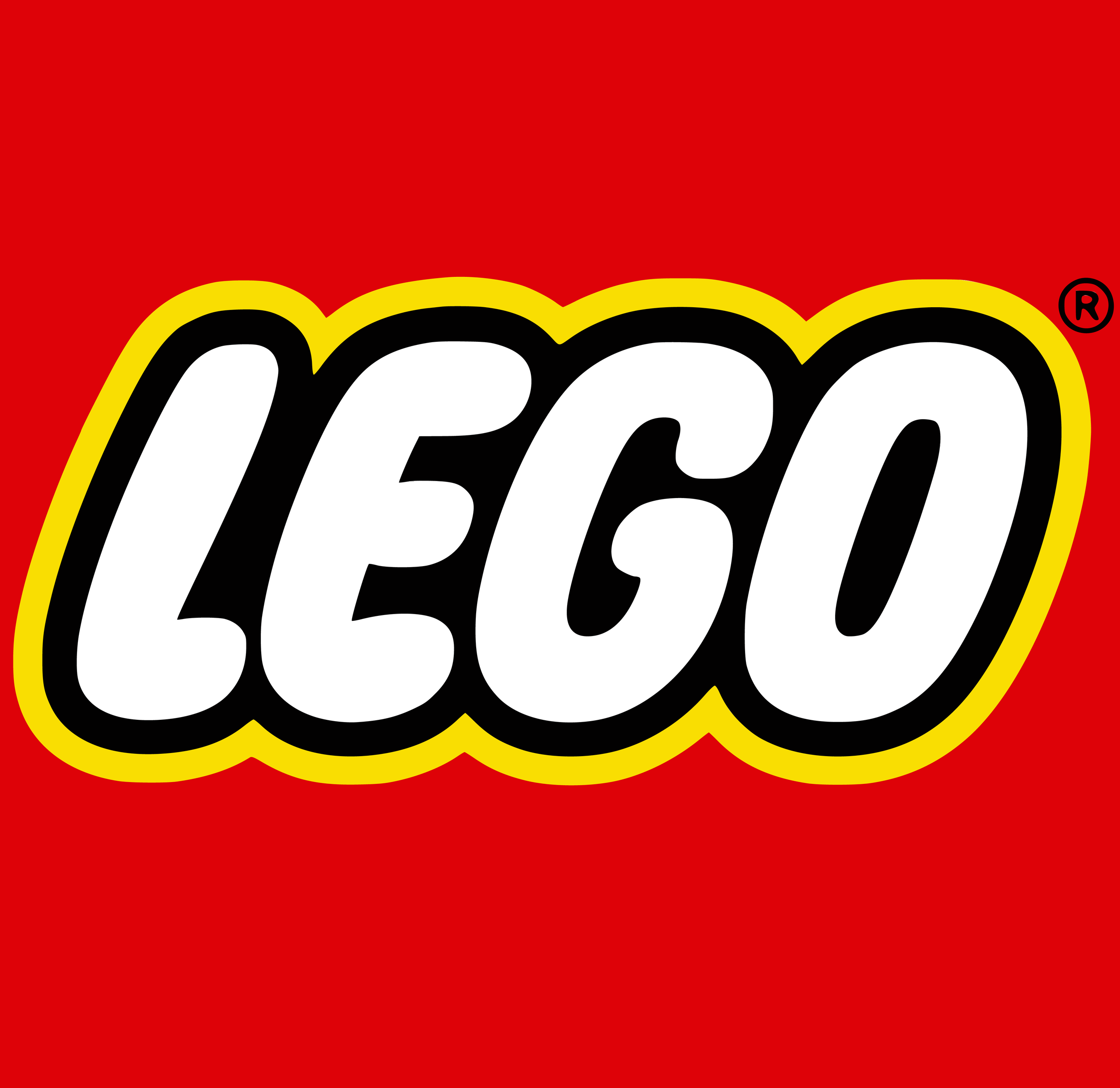 LEGO logo with white text on a red background, outlined in black and yellow.