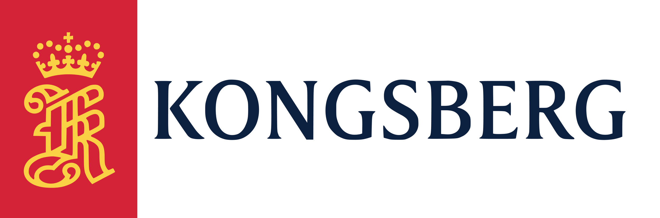 Logo of Kongsberg with red background on the left and a yellow heraldic lion crest, and the word 'Kongsberg' in bold blue letters to the right.