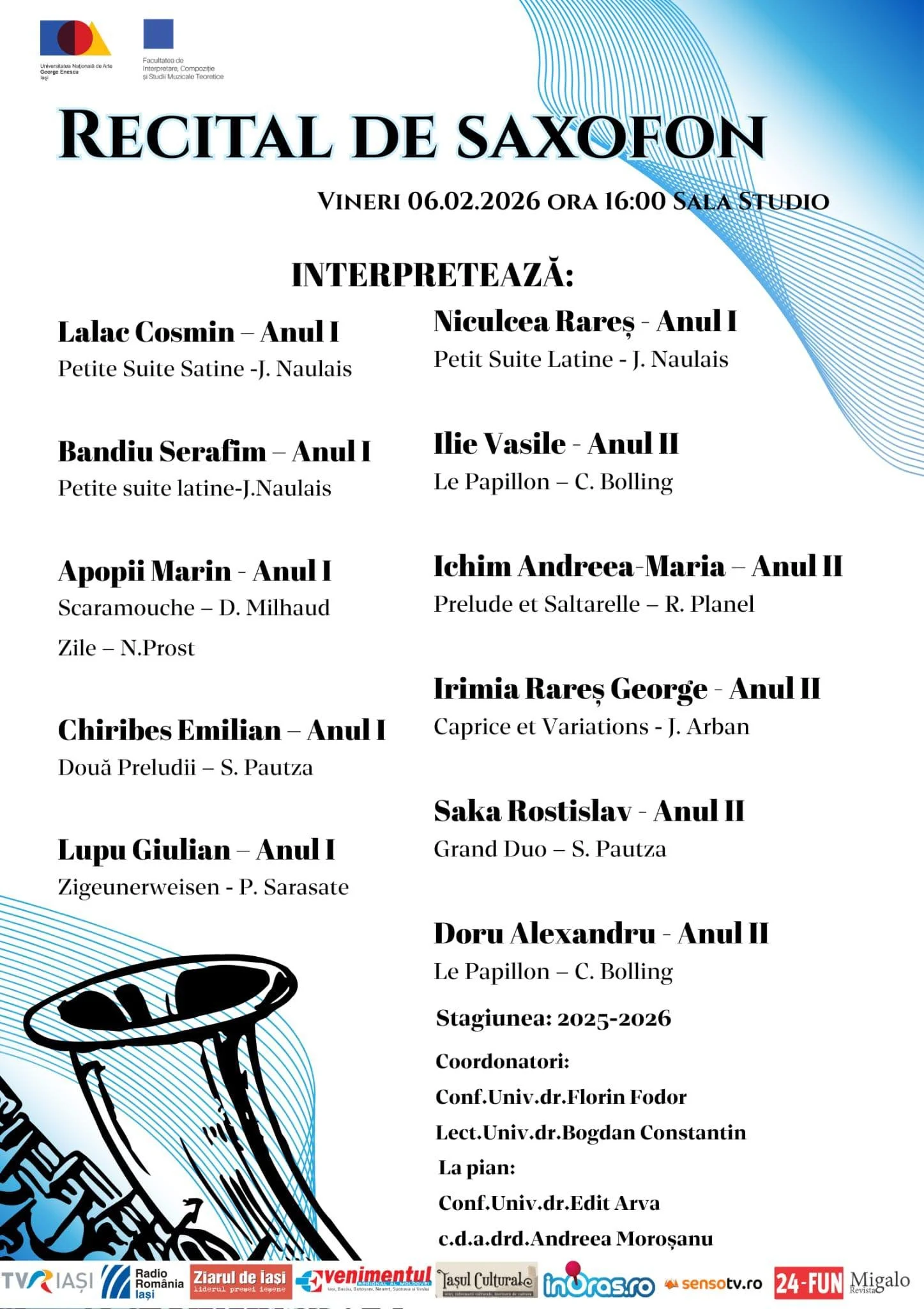 Recital de Saxofon - Sala Studio, UNAGE, 6 februarie, ora 16.00