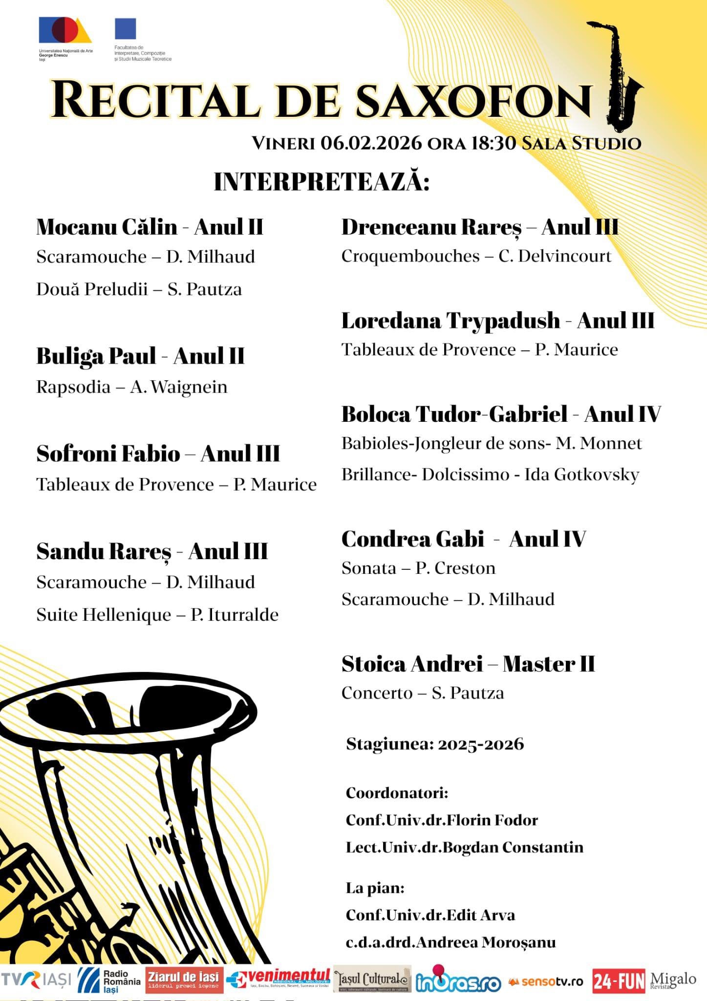 Recital de Saxofon - Sala Studio, UNAGE, 6 februarie, ora 18.30