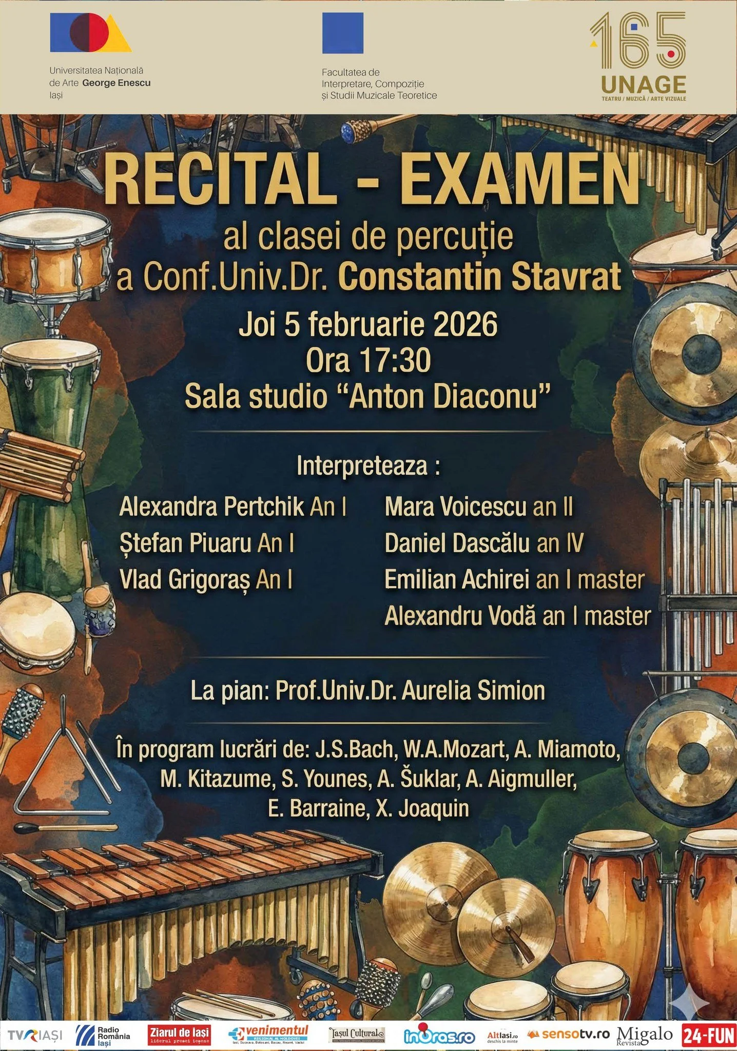 Recital de Percuție - Sala Studio „Anton Diaconu”, UNAGE, 5 februarie, ora 17.30