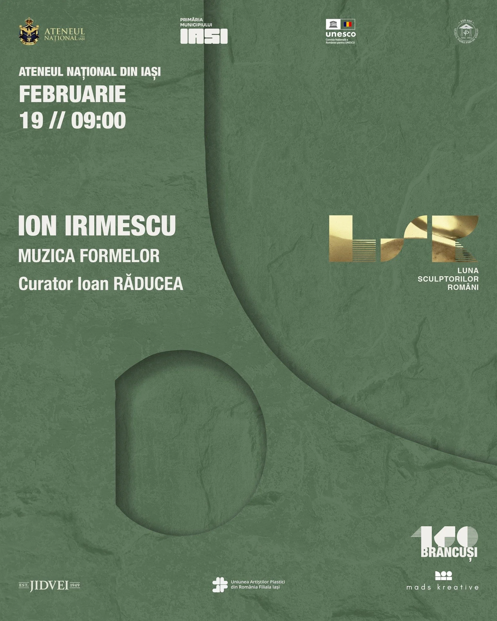 Vernisajul expoziției „Muzica formelor” de Ion Irimescu, din cadrul Lunii Sculptorilor Români 2026, va avea loc la Ateneul Național Iași