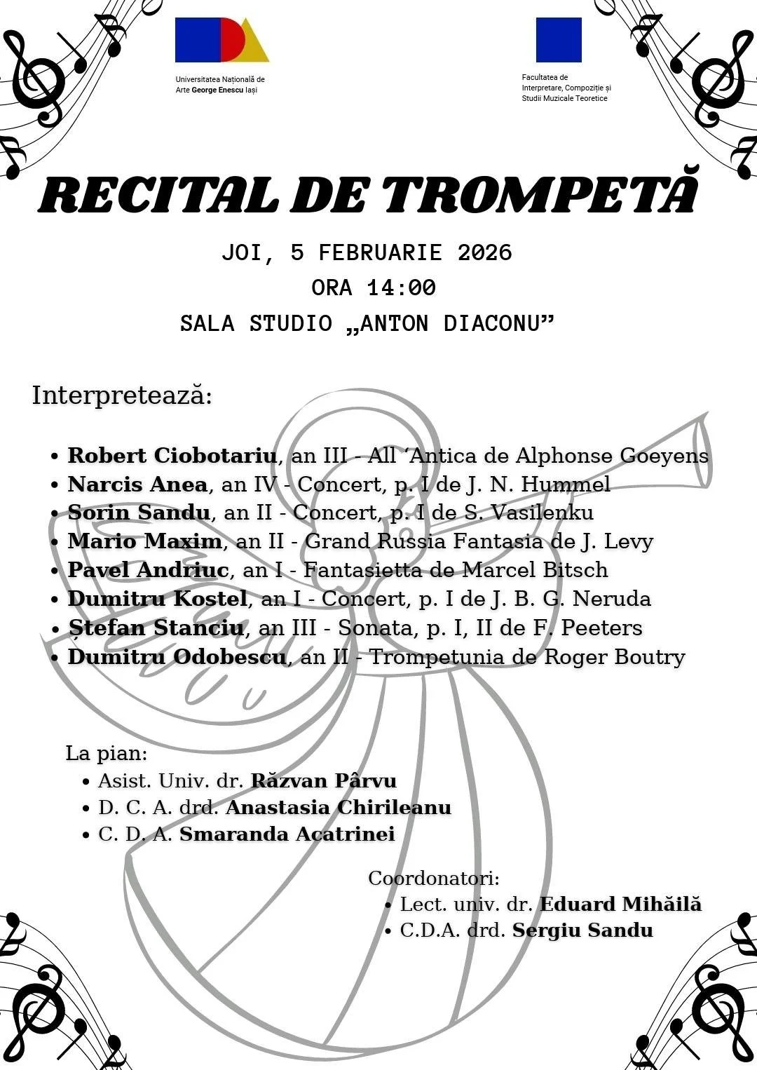 Recital de Trompetă - Sala Studio „Anton Diaconu”, UNAGE, 5 februarie, ora 14.00 