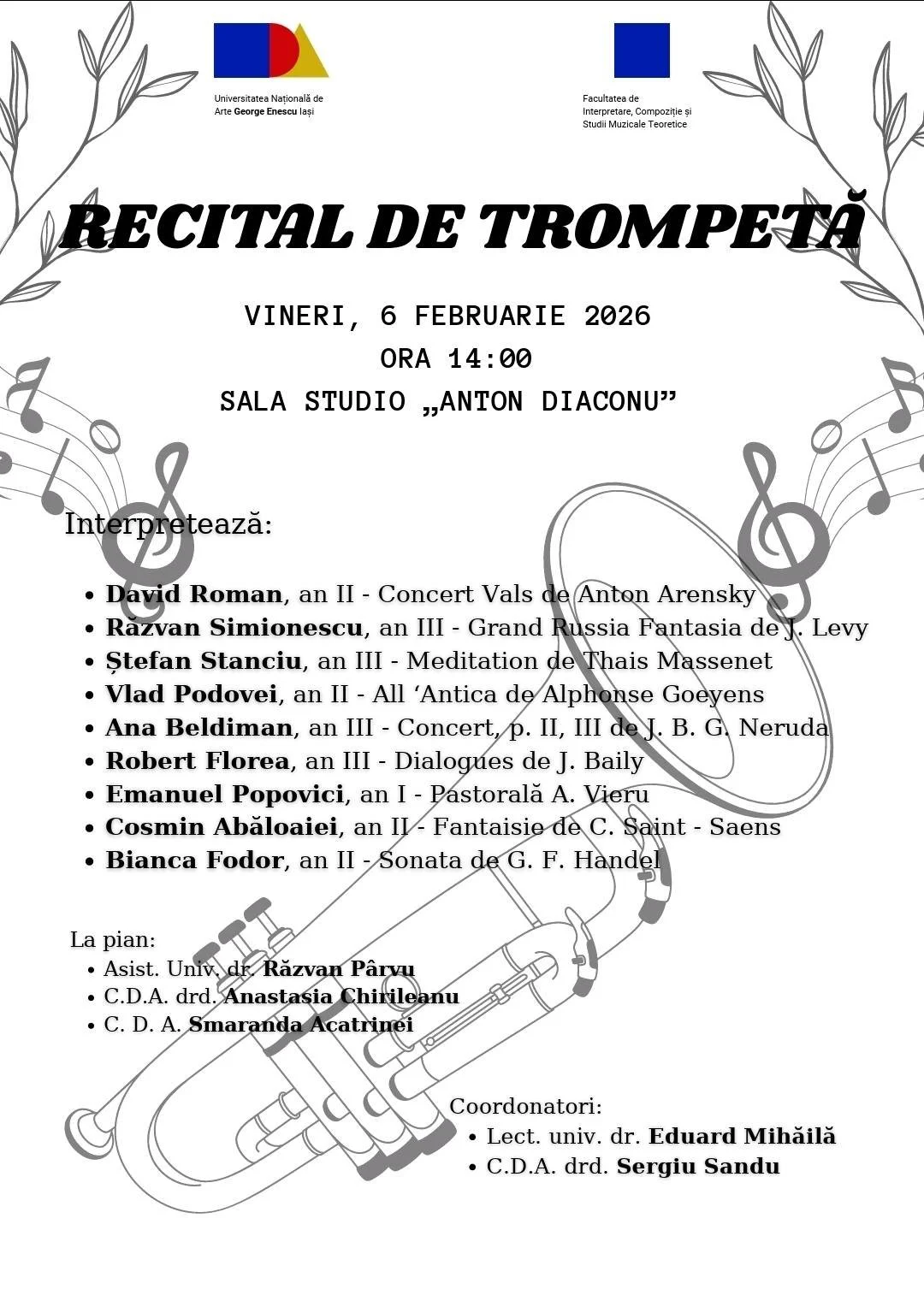 Recital de Trompetă - Sala Studio „Anton Diaconu”, UNAGE, 6 februarie, ora 14.00 