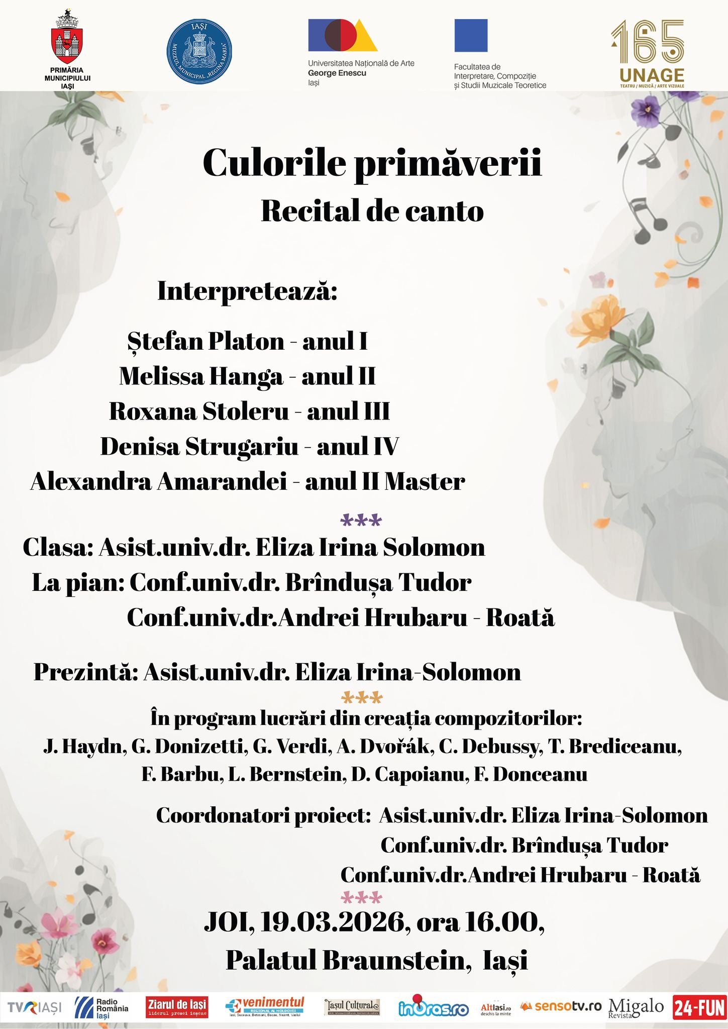 Recital de canto: „Culorile primăverii”, la Palatul Braunstein